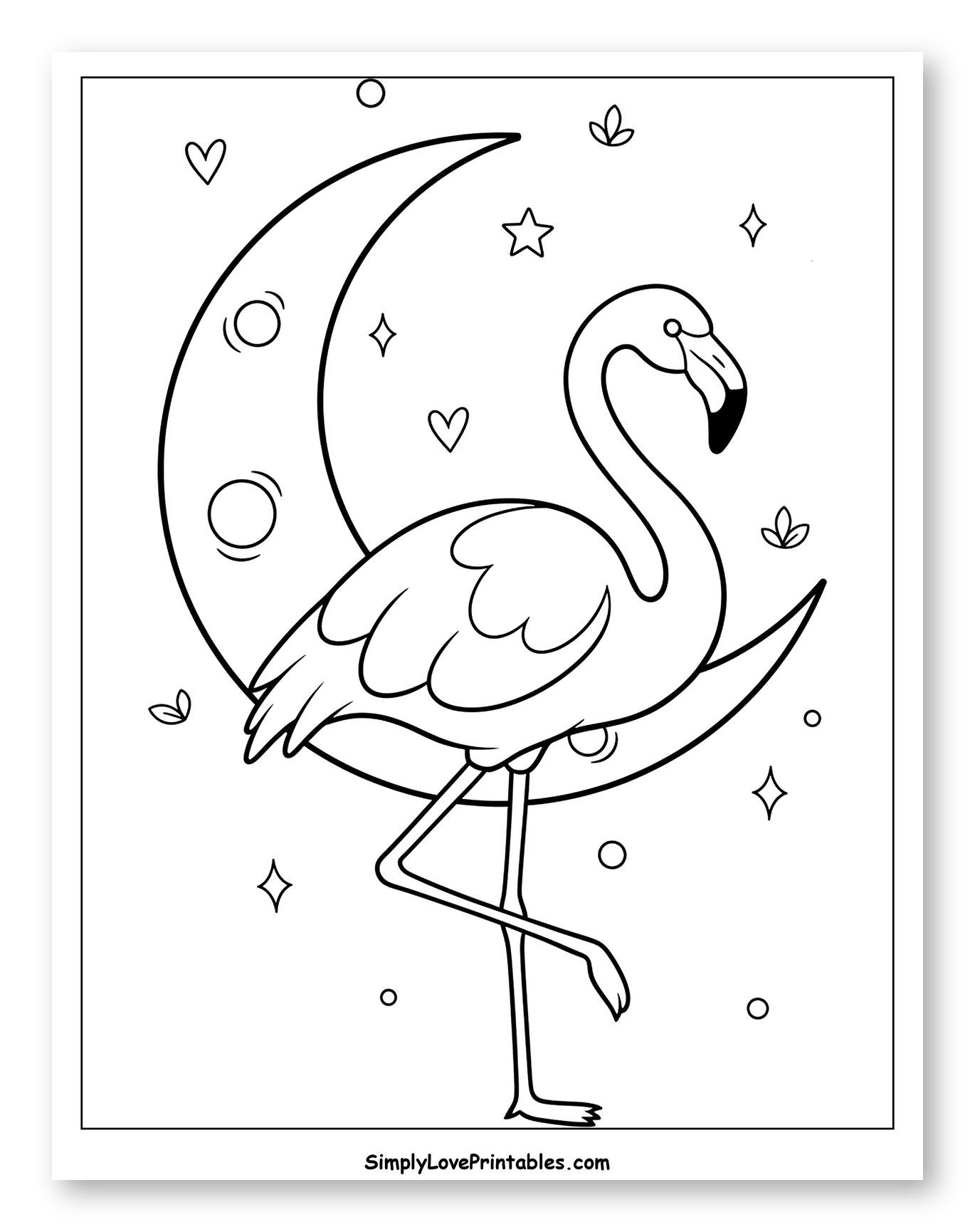 Flamingo on Moon with Sparkles and Hearts Coloring Sheet for Adults