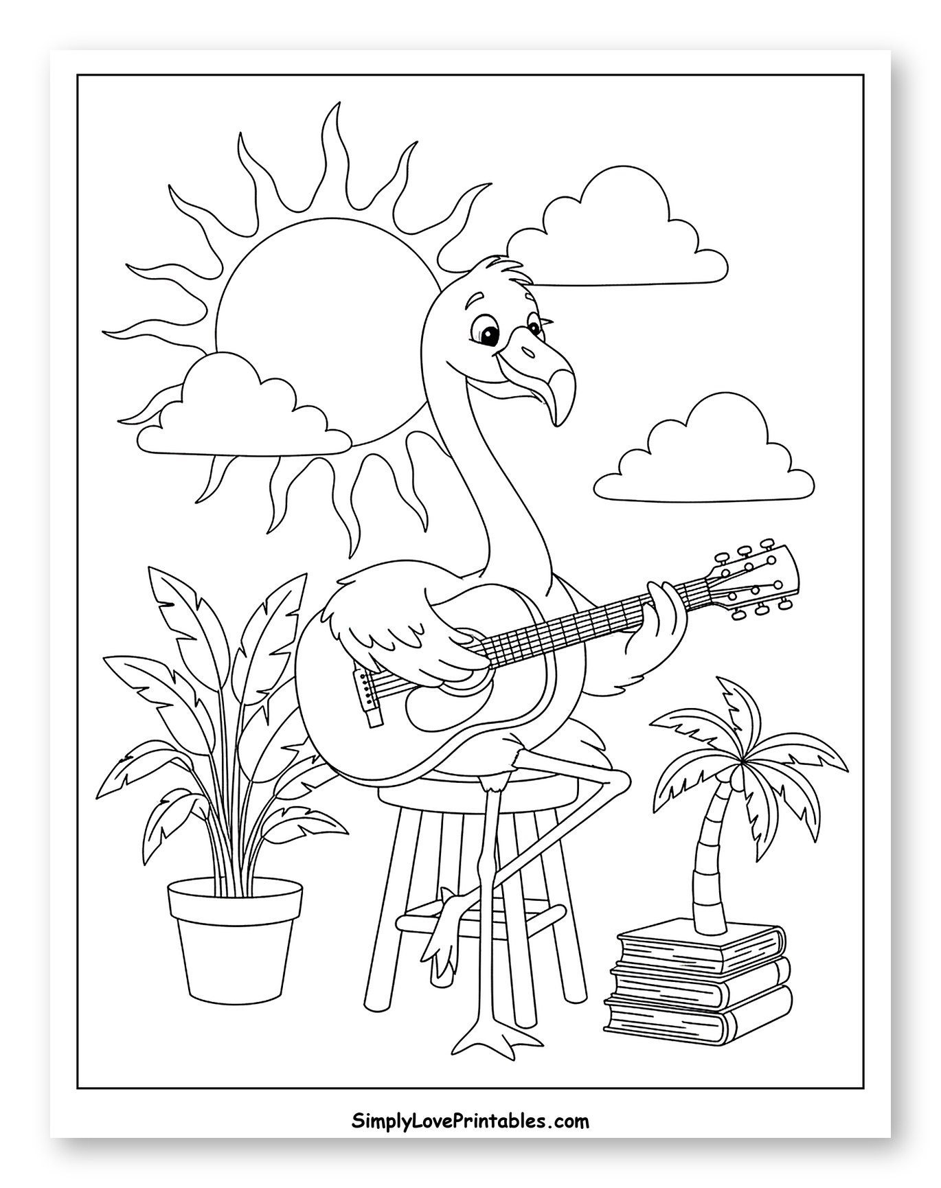 Flamingo Playing Guitar on a Sunny Day to Color for Kids