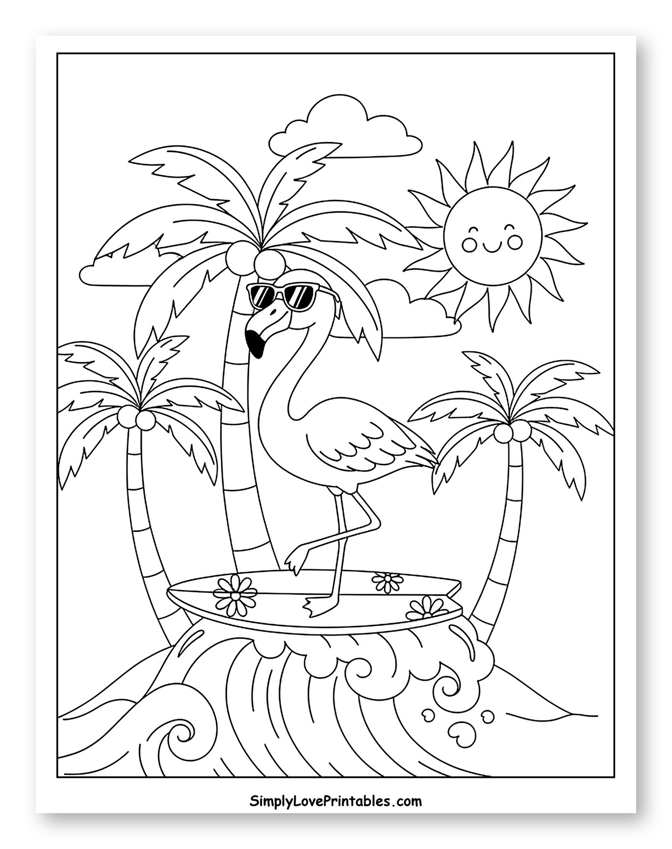 Flamingo Surfing a Wave on a Tropical Beach Coloring Page for Kids