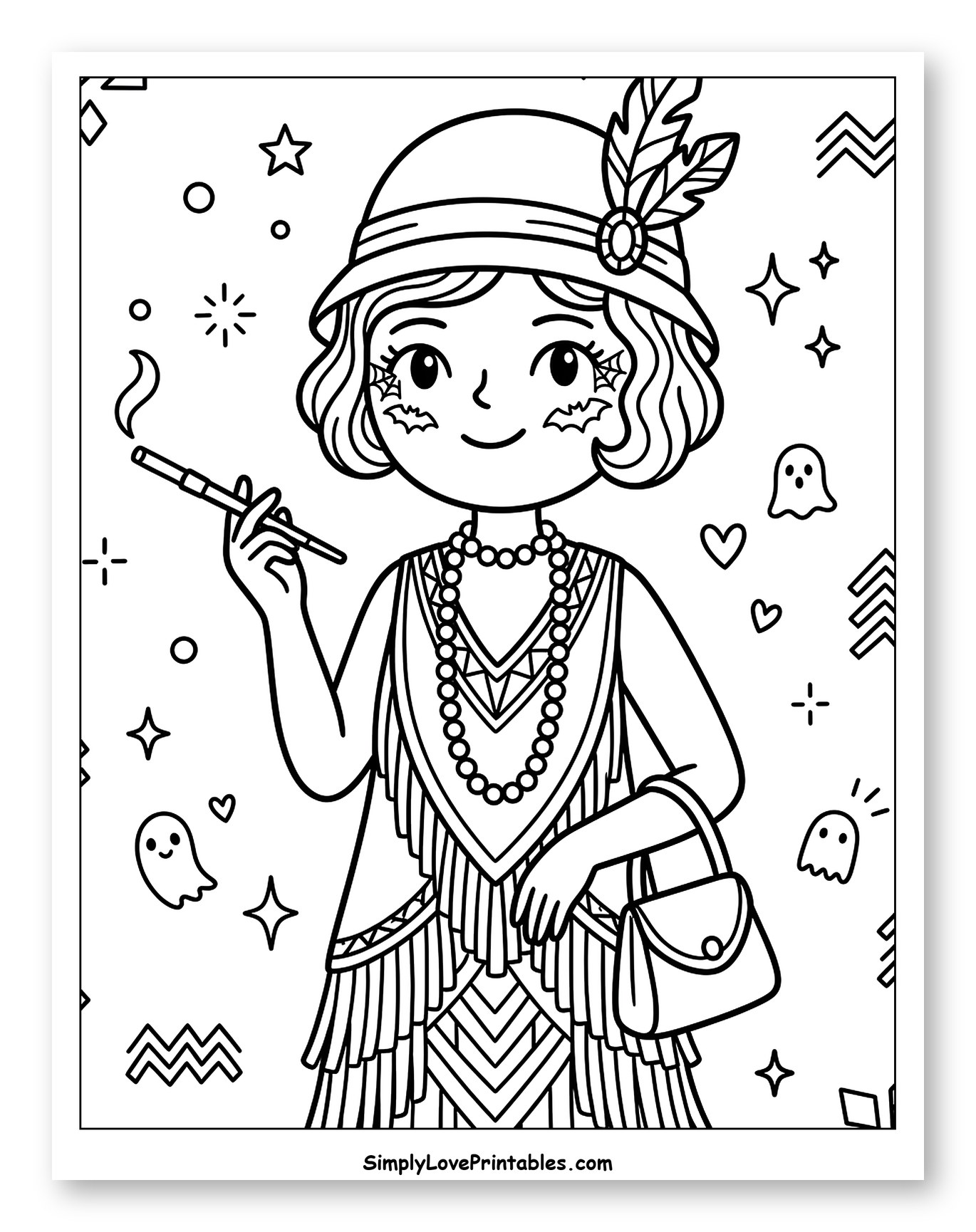 Flapper Girl with Halloween Makeup and Accessories Coloring Sheet for Adults