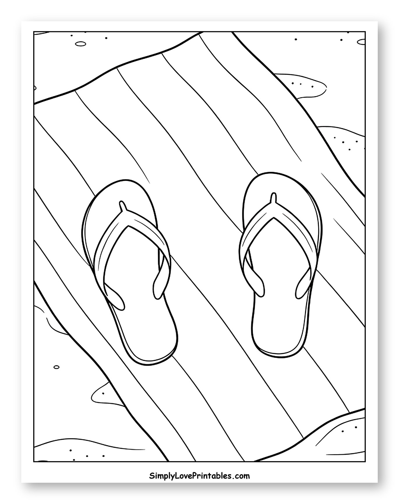 Flip Flops and Striped Towel on Beach Sand to Color for Kids