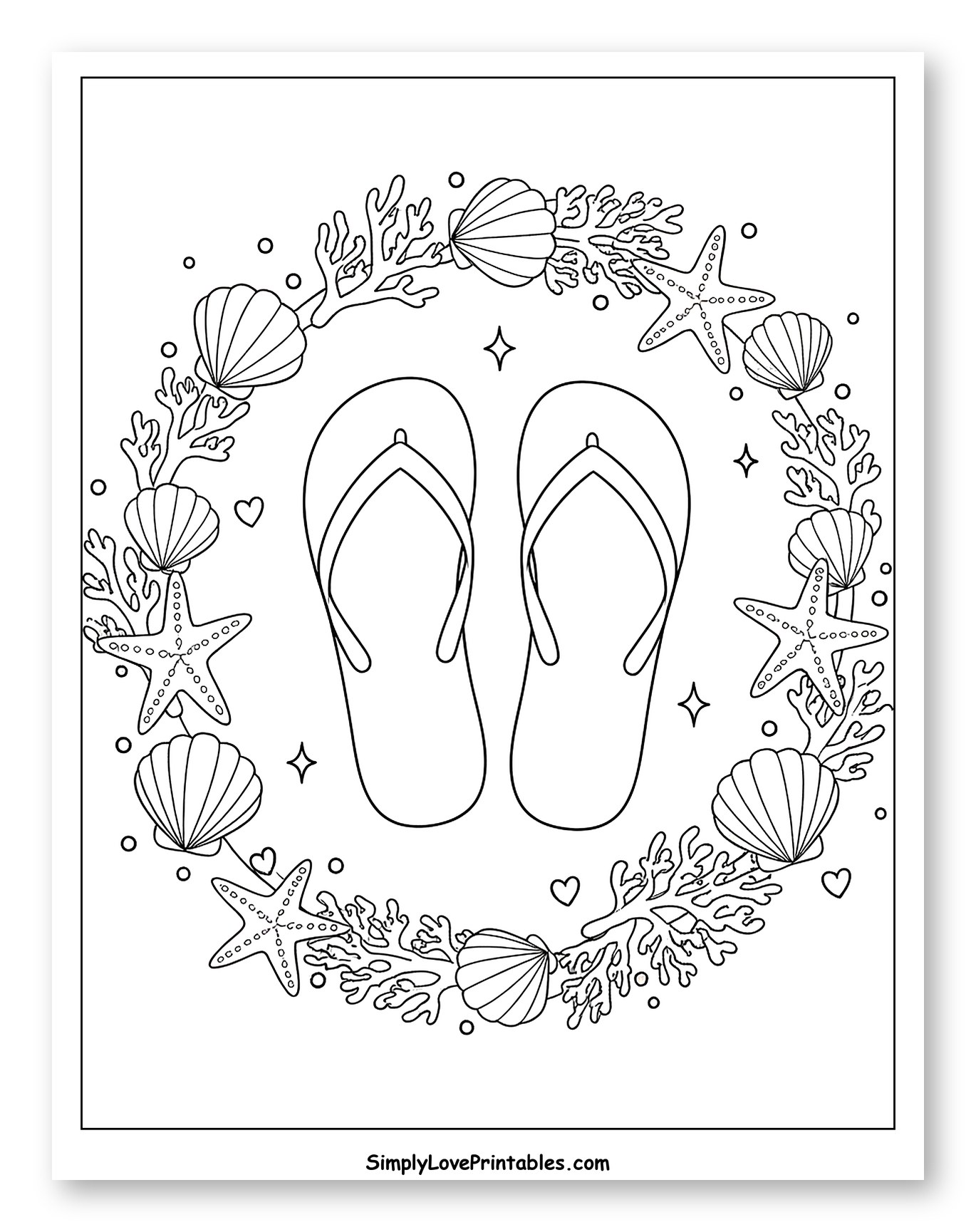 Flip Flops with Seashells and Coral Wreath Coloring Sheet for Adults