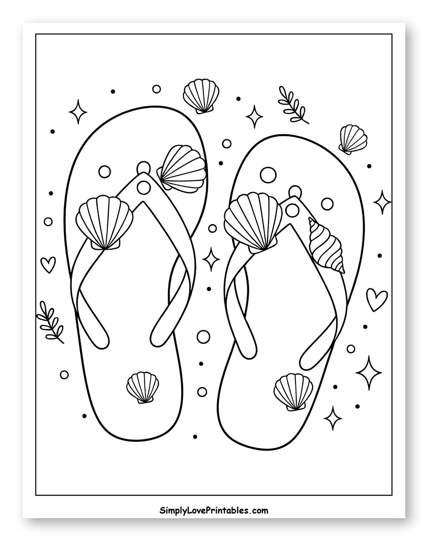 Flip Flops with Seashells and Stars Coloring Sheet for Adults