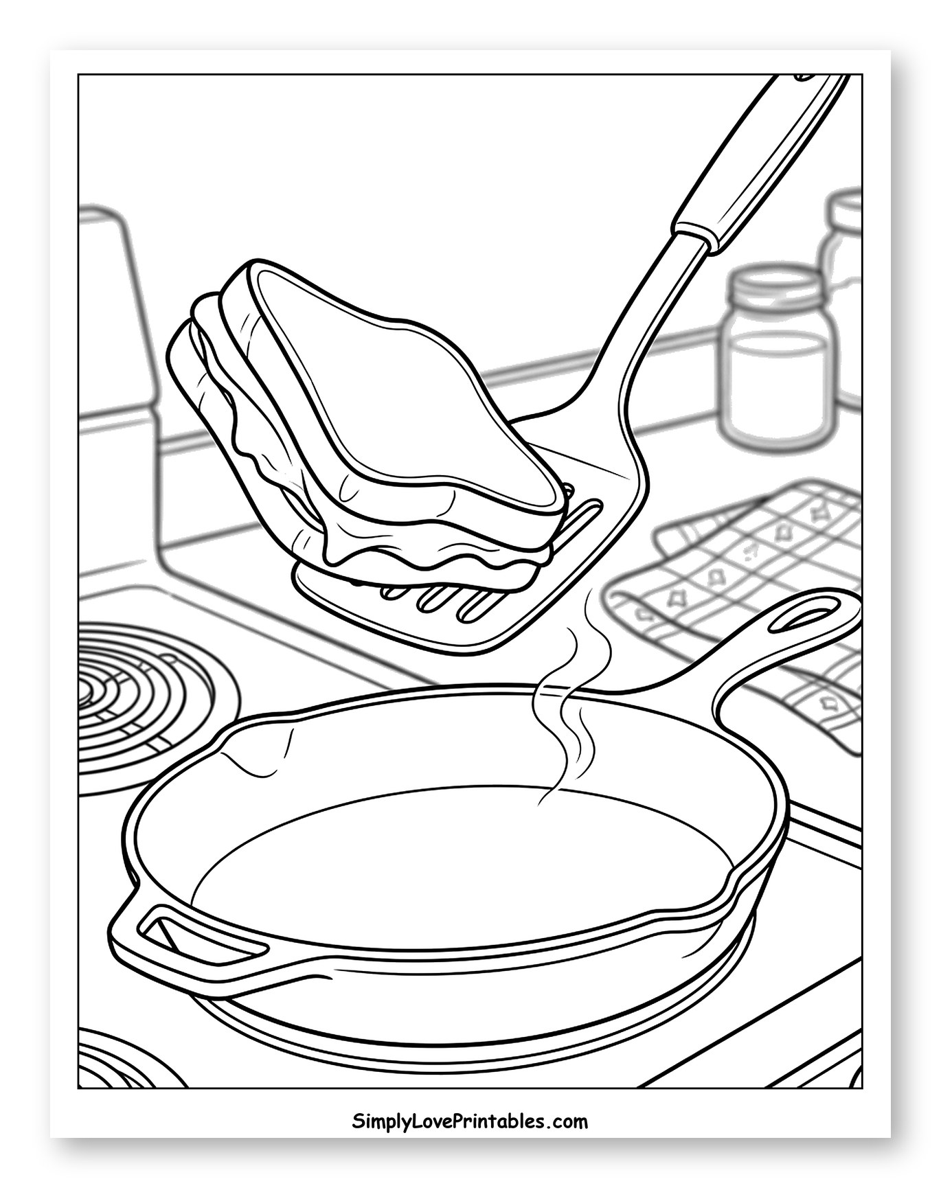 Flipping a Grilled Cheese Sandwich in a Skillet Coloring Page