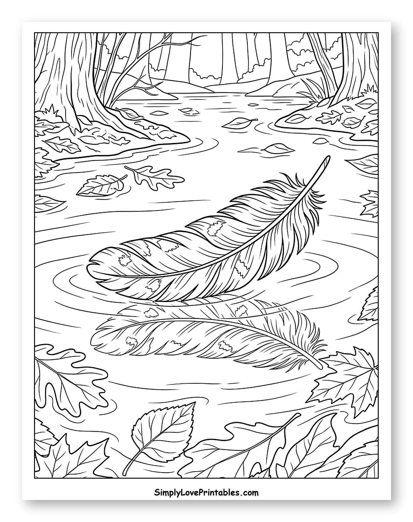 Floating Feathers in a Woodland River Coloring Sheet