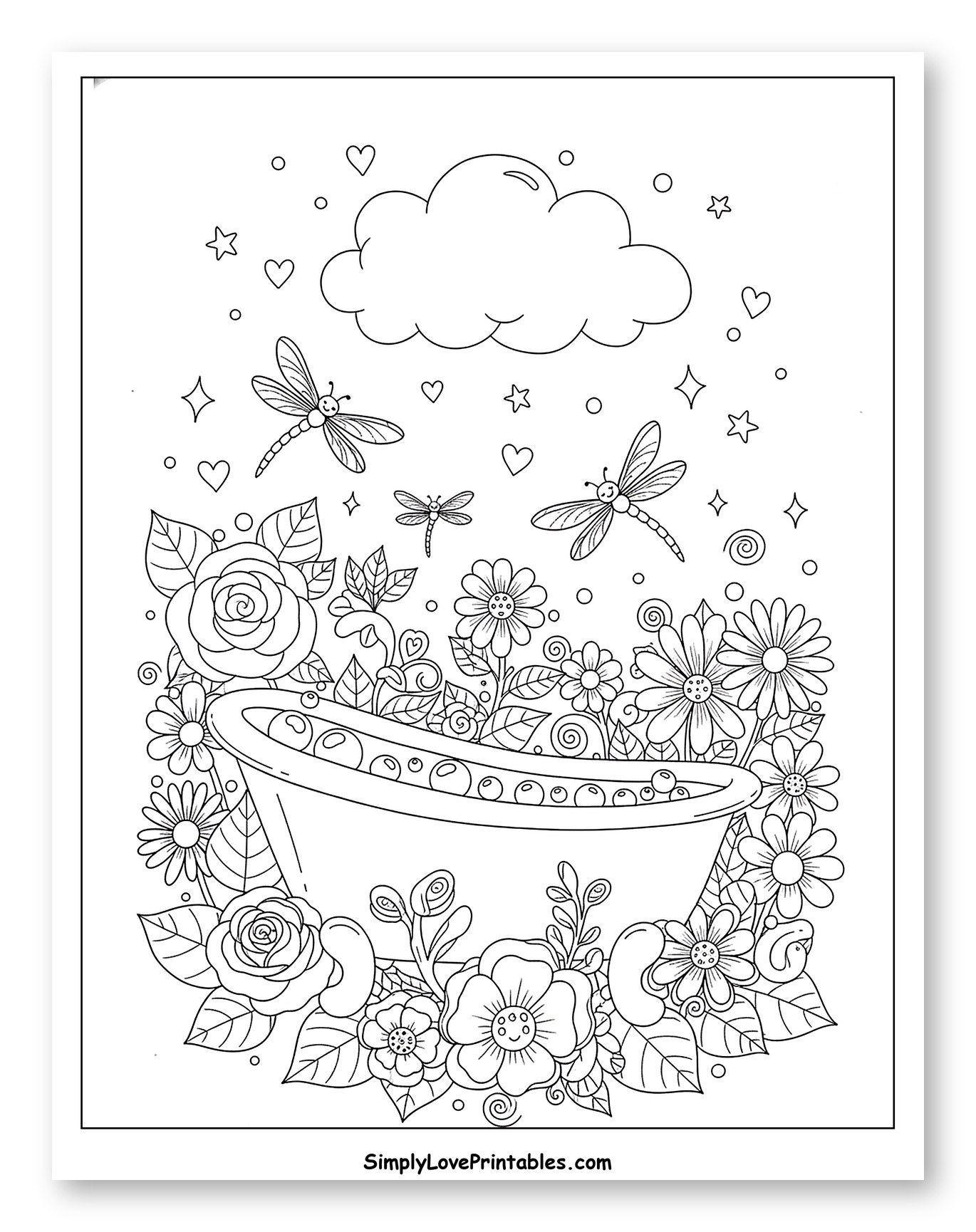 Floral Bathtub with Dragonflies and Cloud Coloring Sheet for Adults