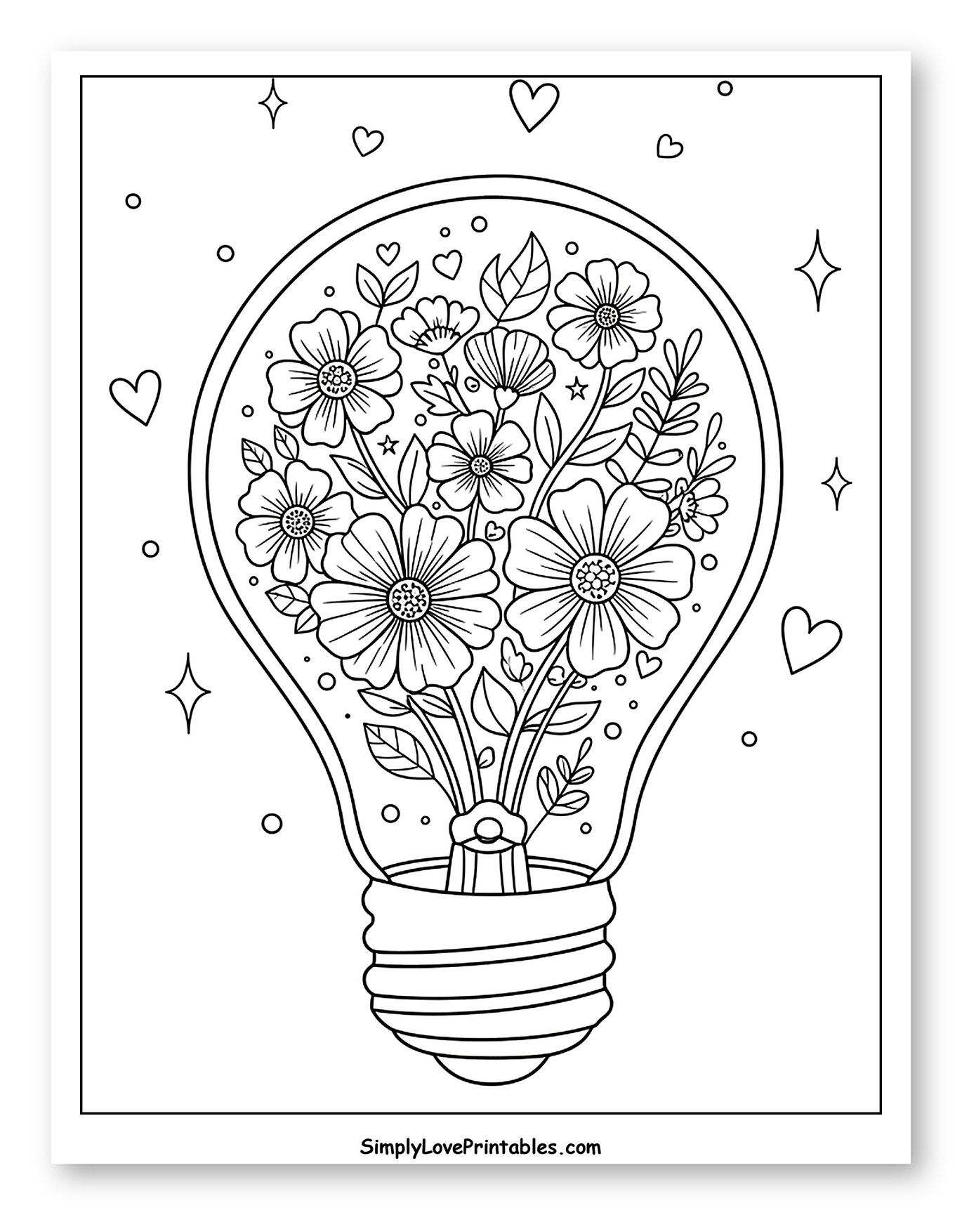 Floral Bouquet in a Whimsical Light Bulb Coloring Sheet for Adults