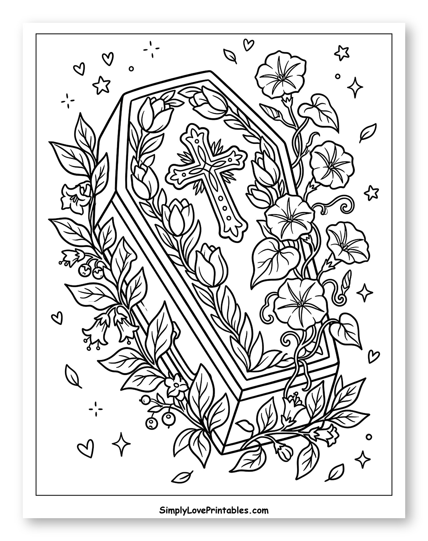 Floral Coffin with Cross and Morning Glories Coloring Sheet for Adults