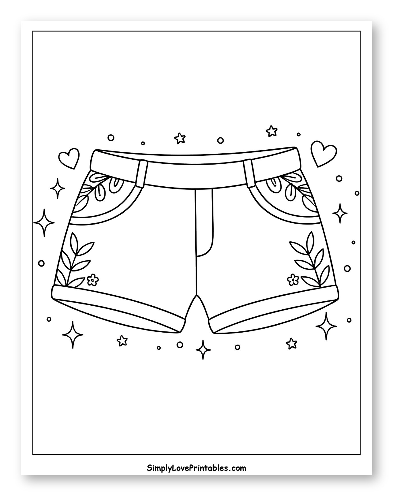 Floral Decorated Denim Shorts Coloring Page for Adults