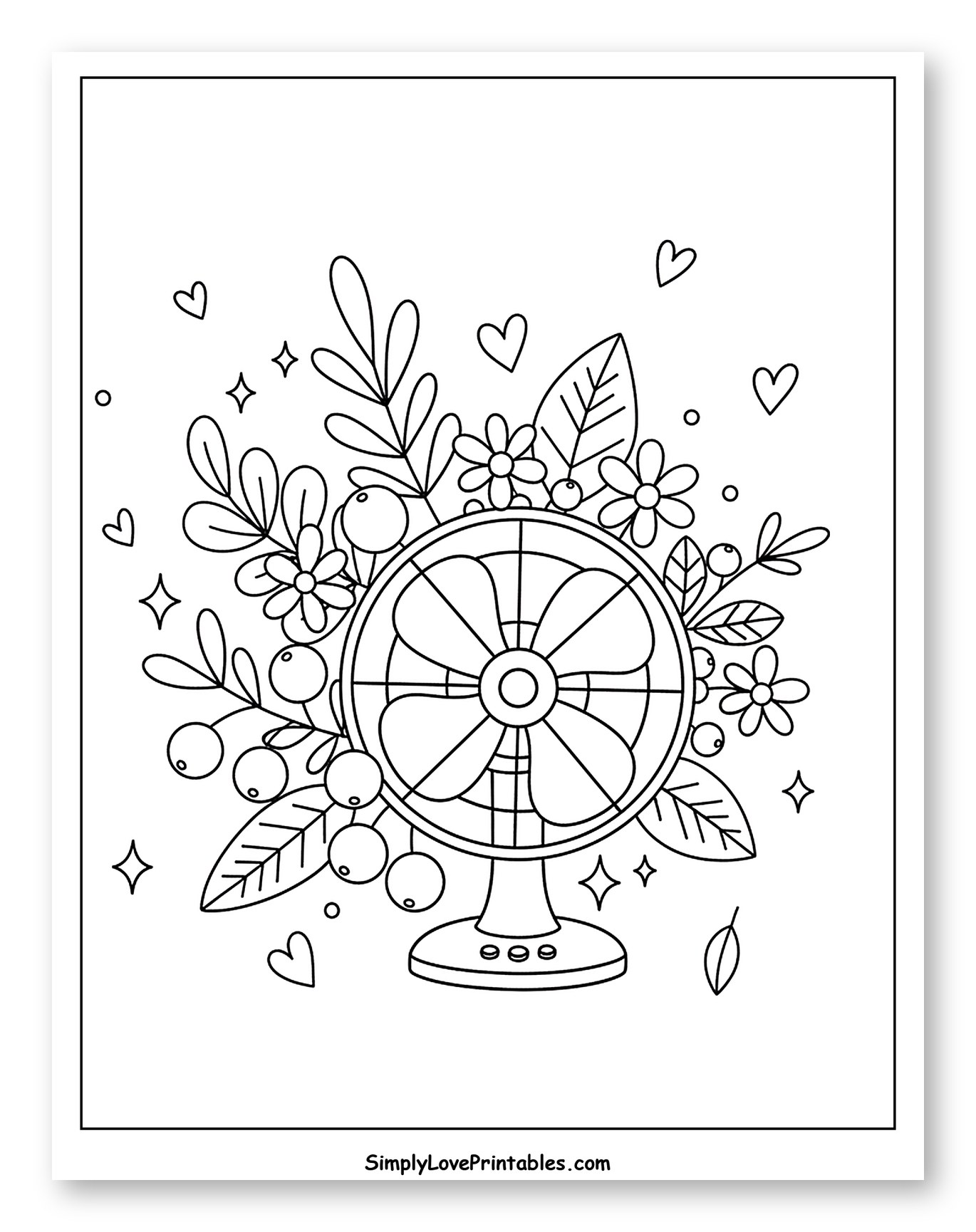 Floral Desk Fan with Hearts and Stars Coloring Page for Adults