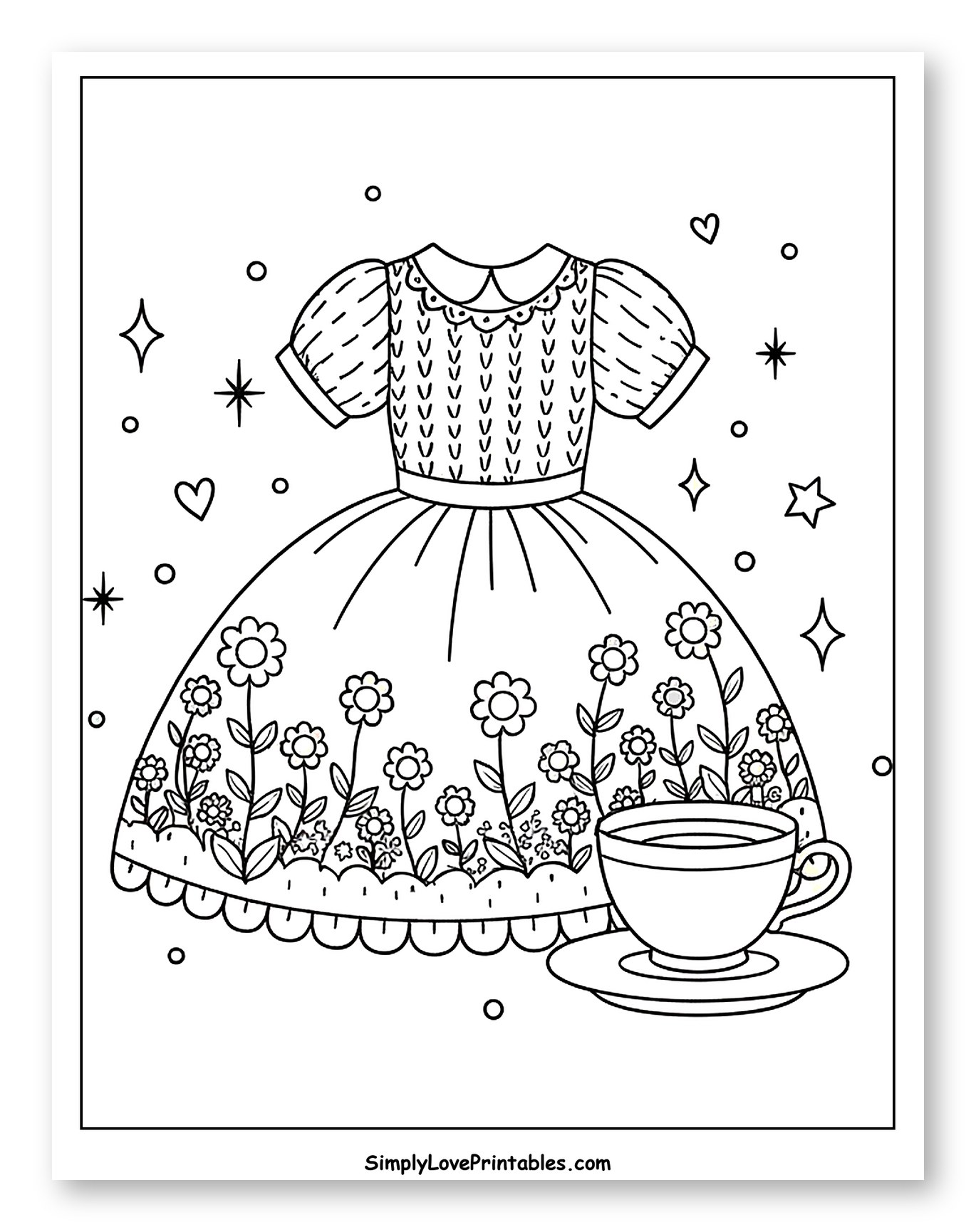 Floral Dress with Teacup and Scattered Stars Coloring Page for Adults