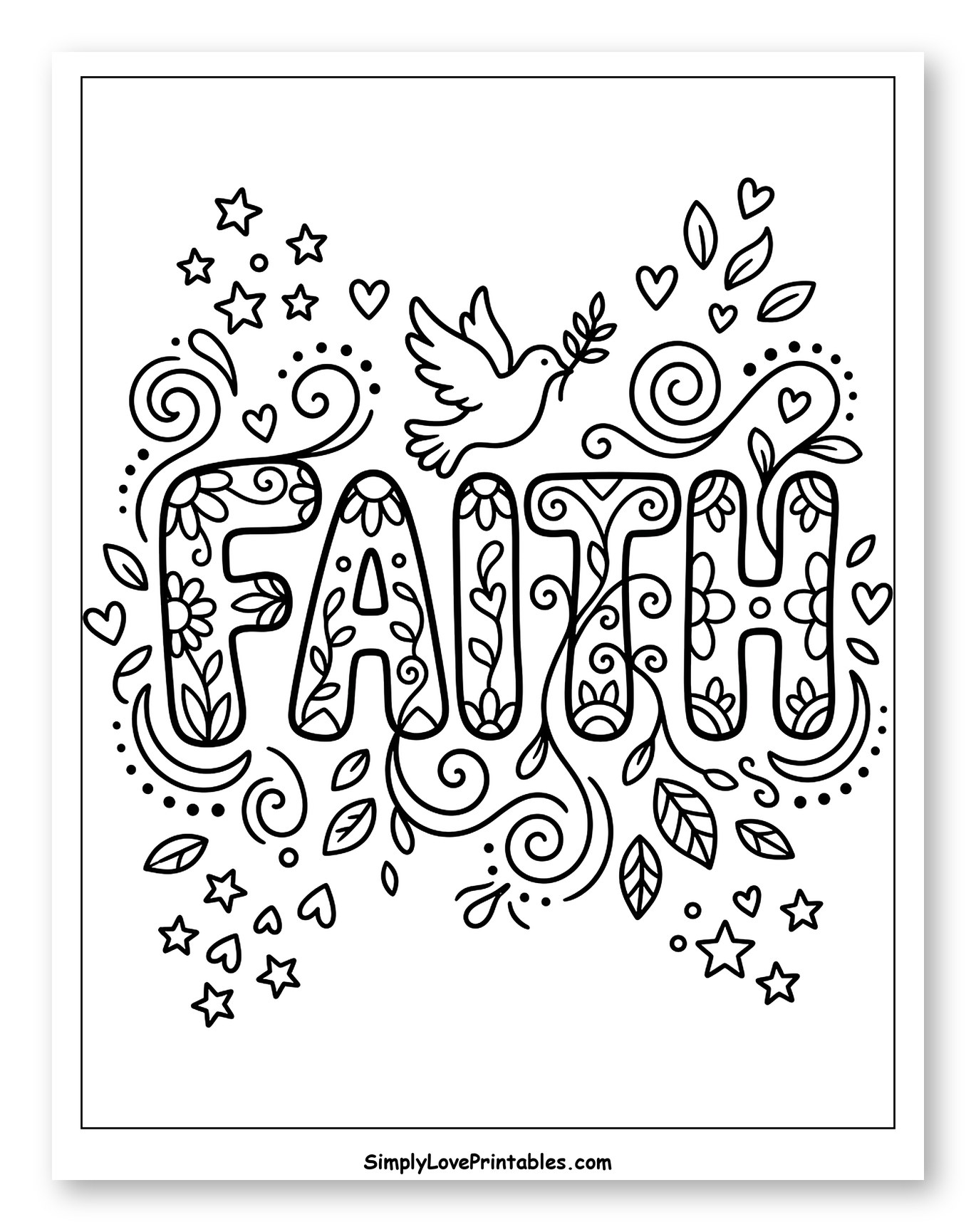 Floral Faith Word with Dove and Stars