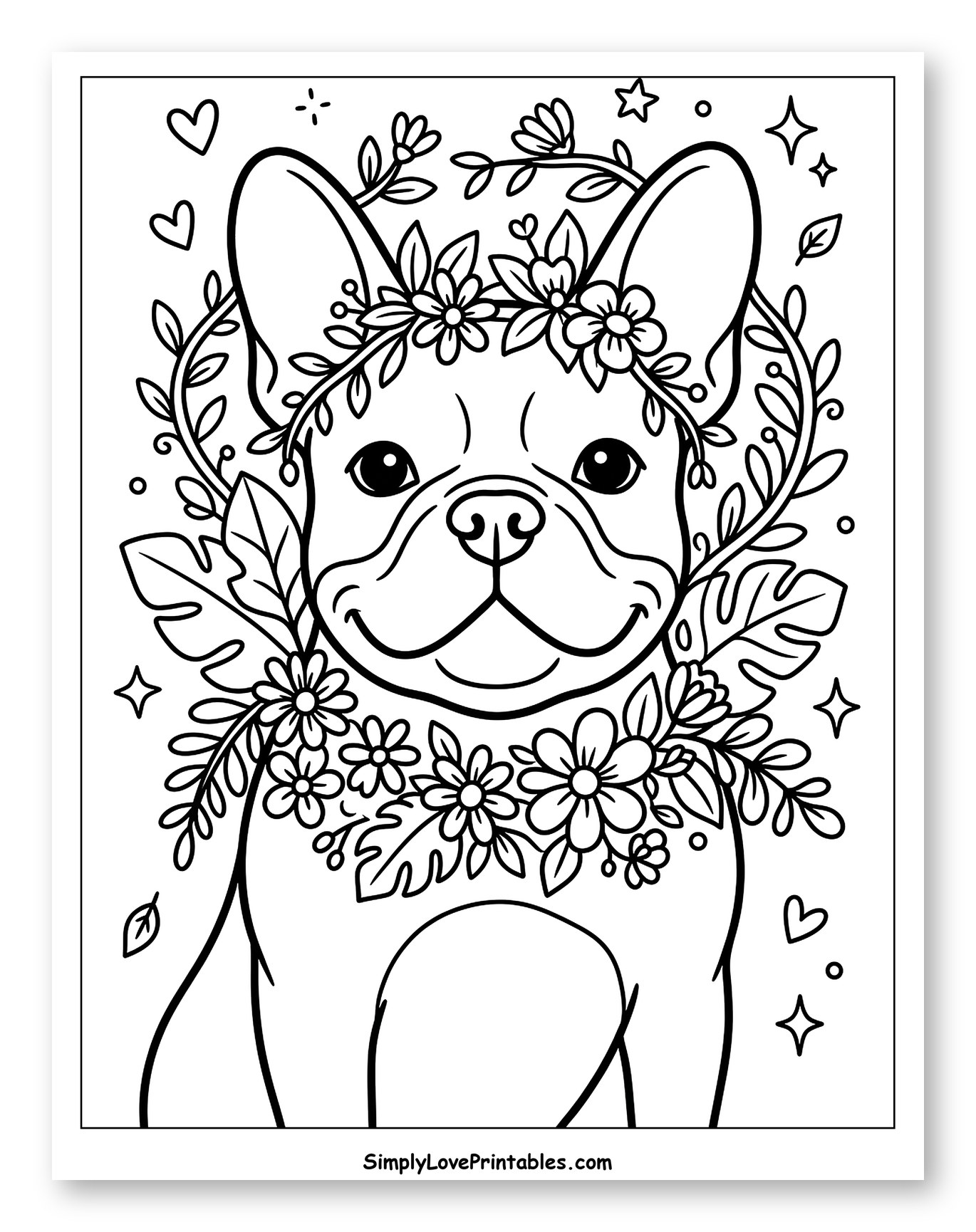 Floral French Bulldog with Wreath and Garland