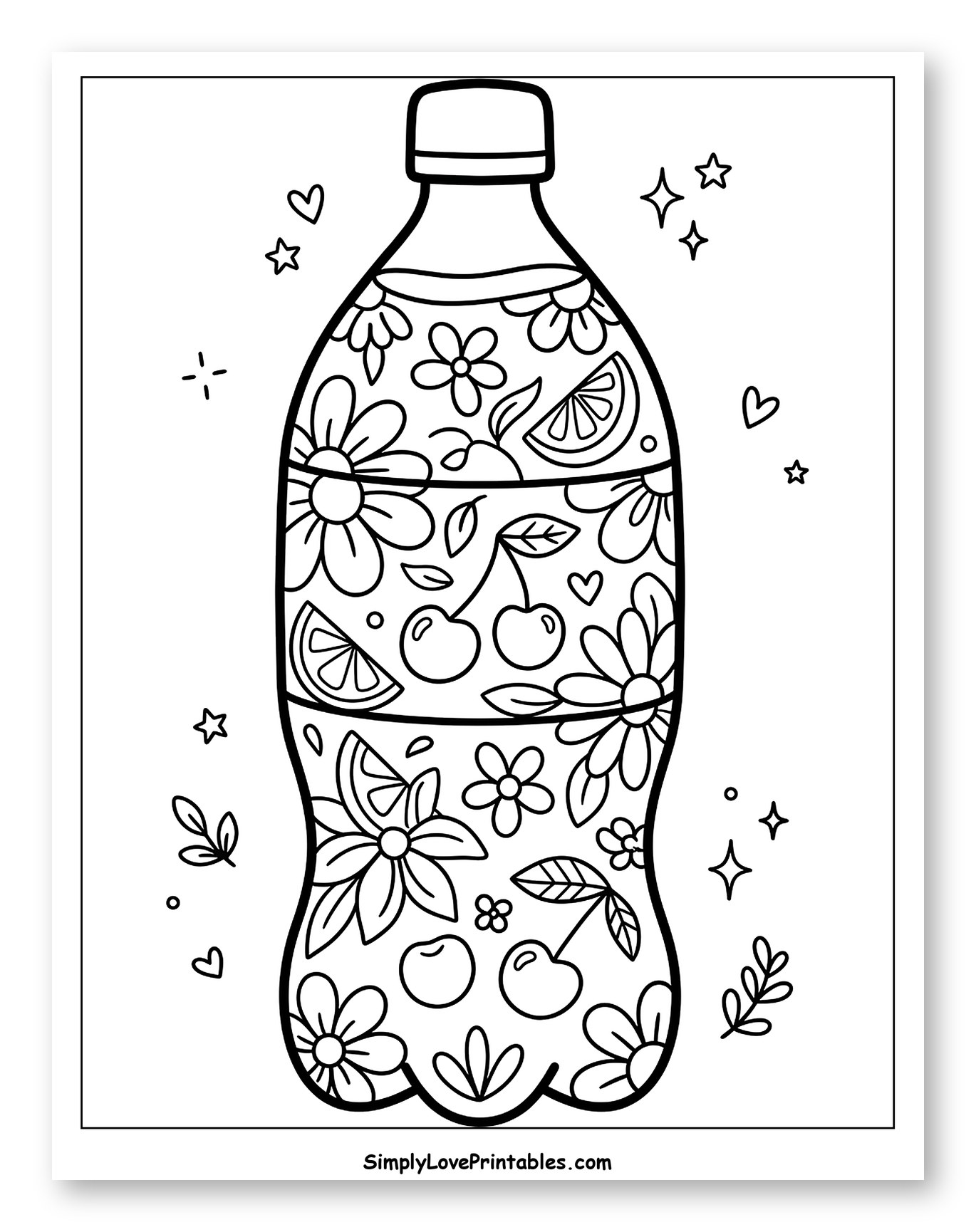 Floral Fruit-Filled Soda Bottle Coloring Page for Adults