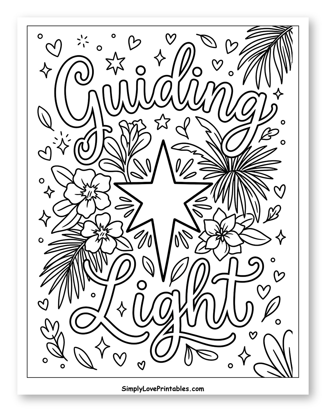 Floral Guiding Light with Central Star Coloring Sheet for Adults
