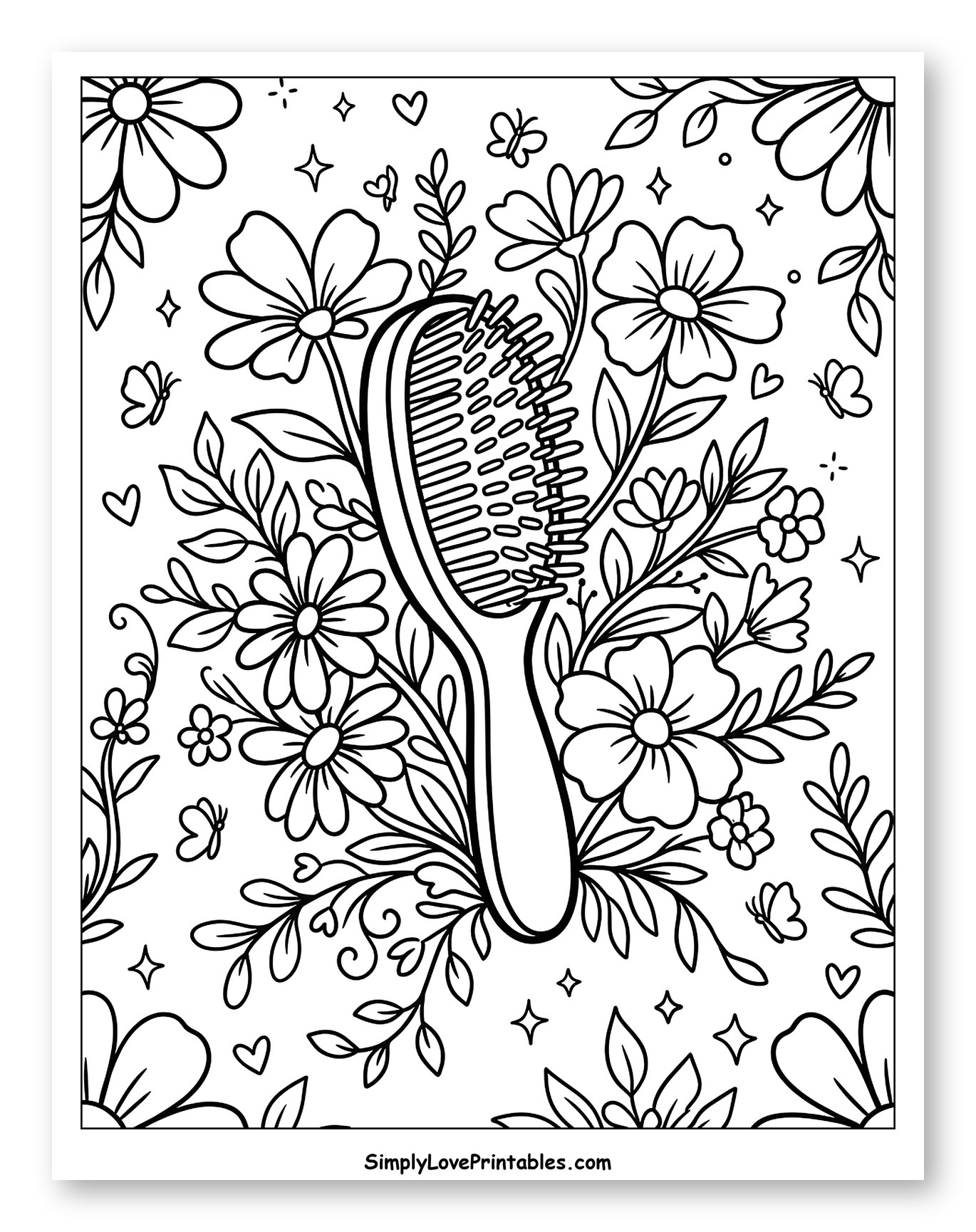 Floral Hairbrush with Butterflies and Stars