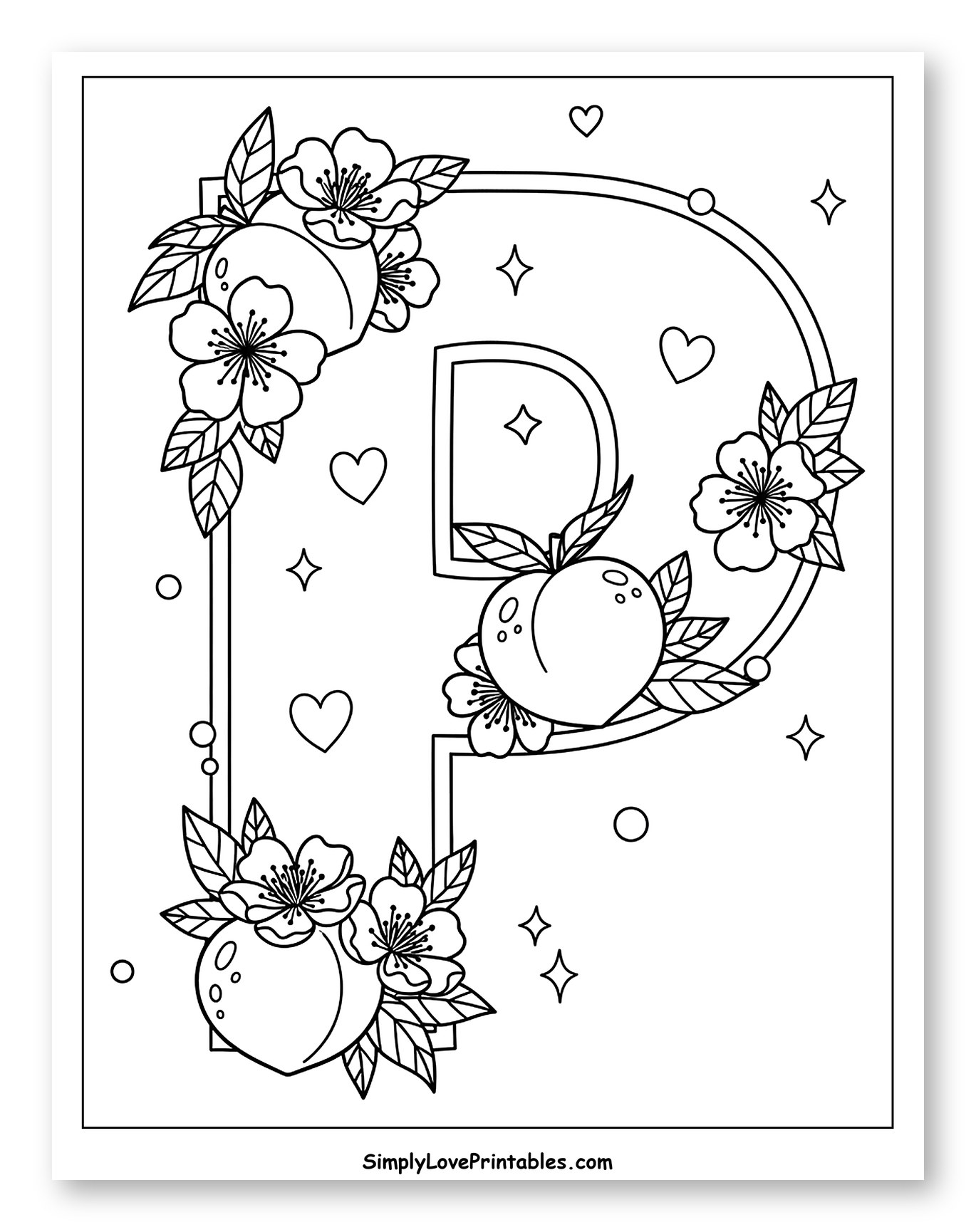 Floral Letter P with Peaches and Blossoms to Color for Adults