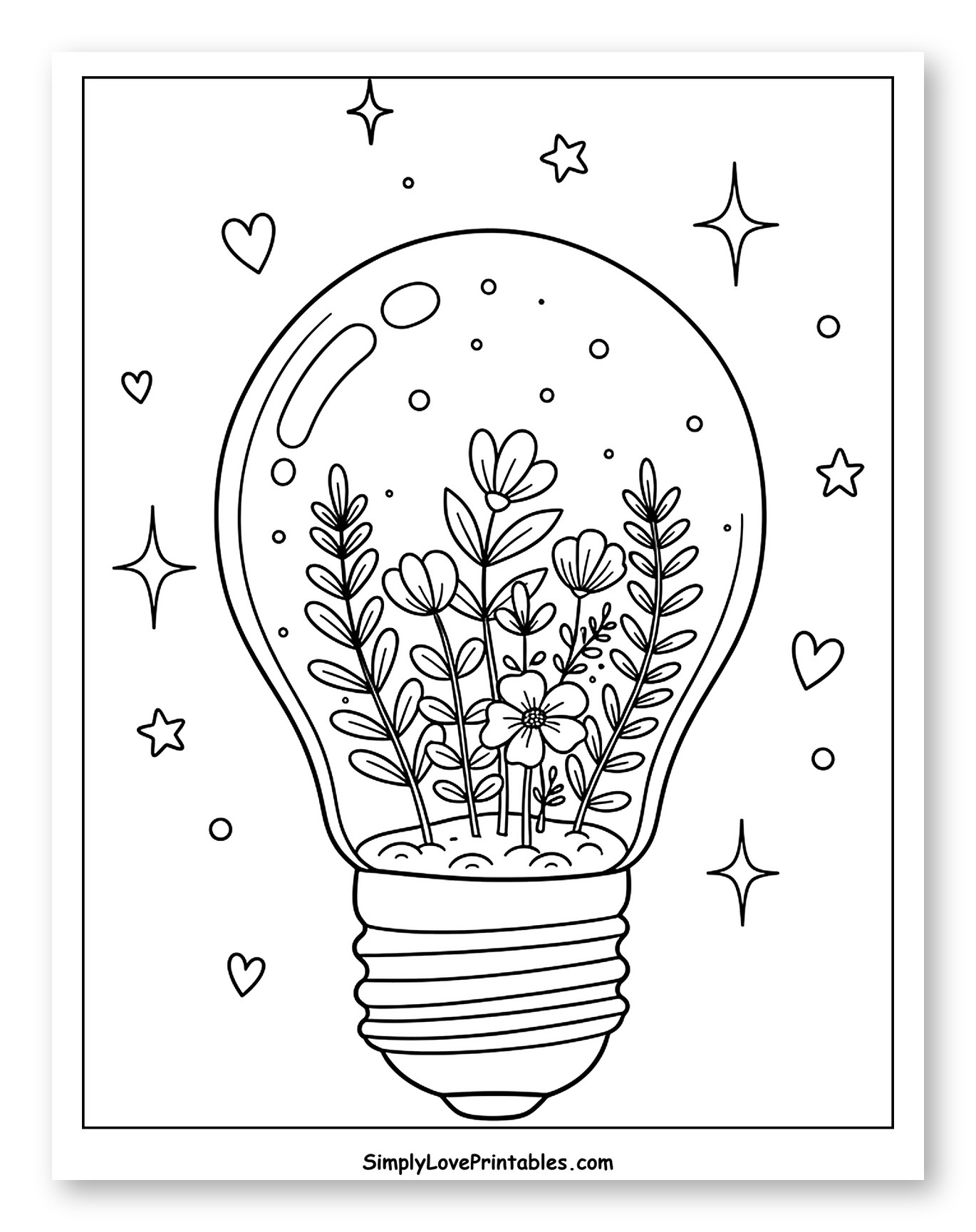 Floral Light Bulb with Hearts and Stars Coloring Sheet for Adults