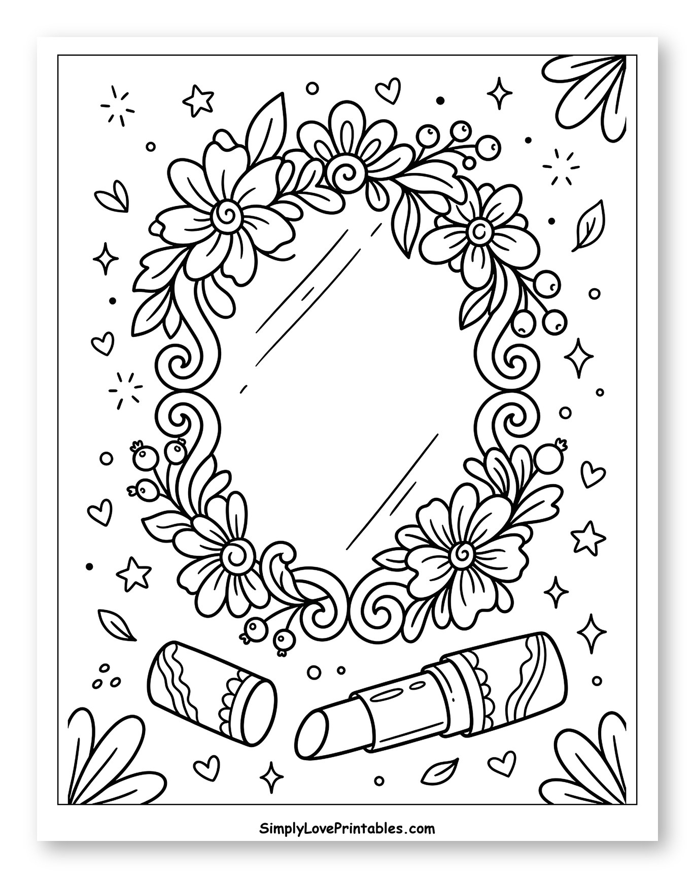 Floral Mirror and Lipstick with Decorative Elements to Color for Adults