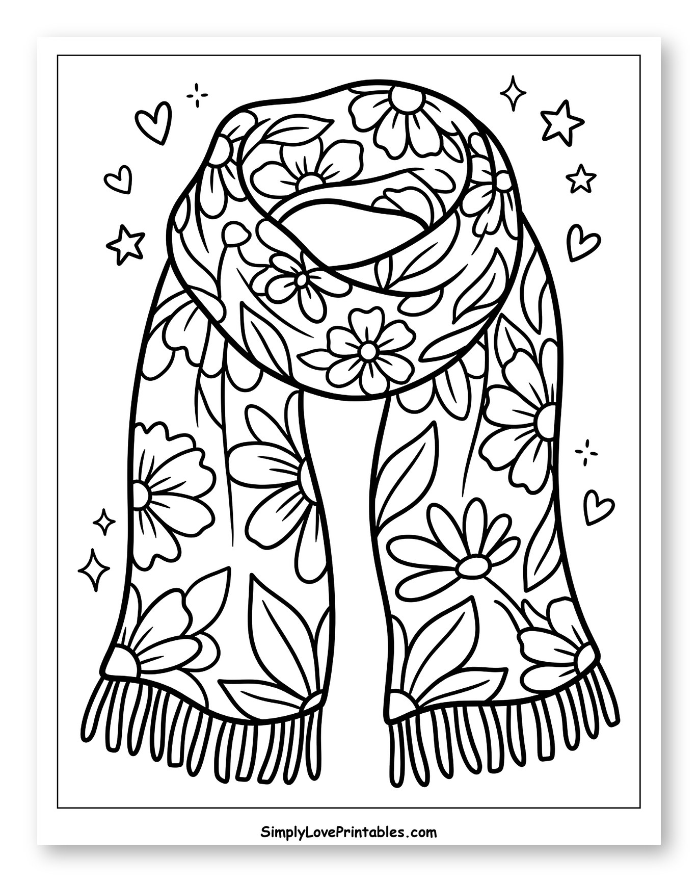 Floral Pattern Scarf with Hearts and Stars Coloring Page for Adults
