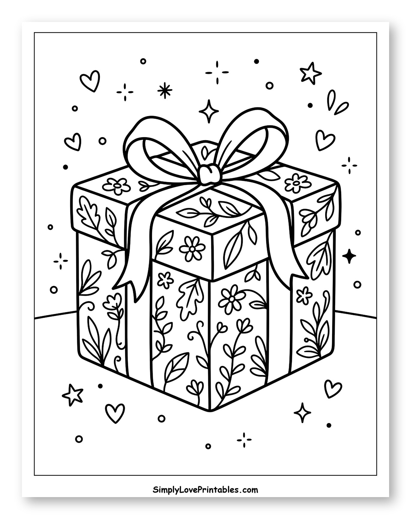 Floral Patterned Gift Box with Bow Coloring Sheet for Adults