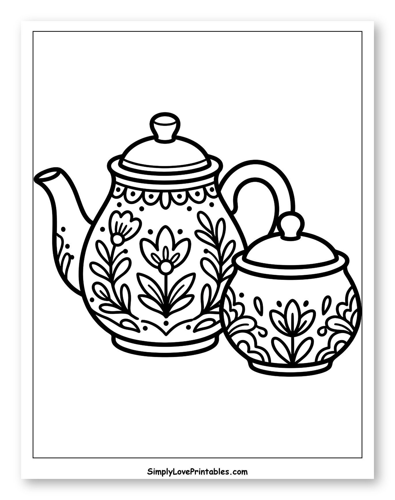 Floral Patterned Teapot and Sugar Bowl Coloring Page for Toddlers