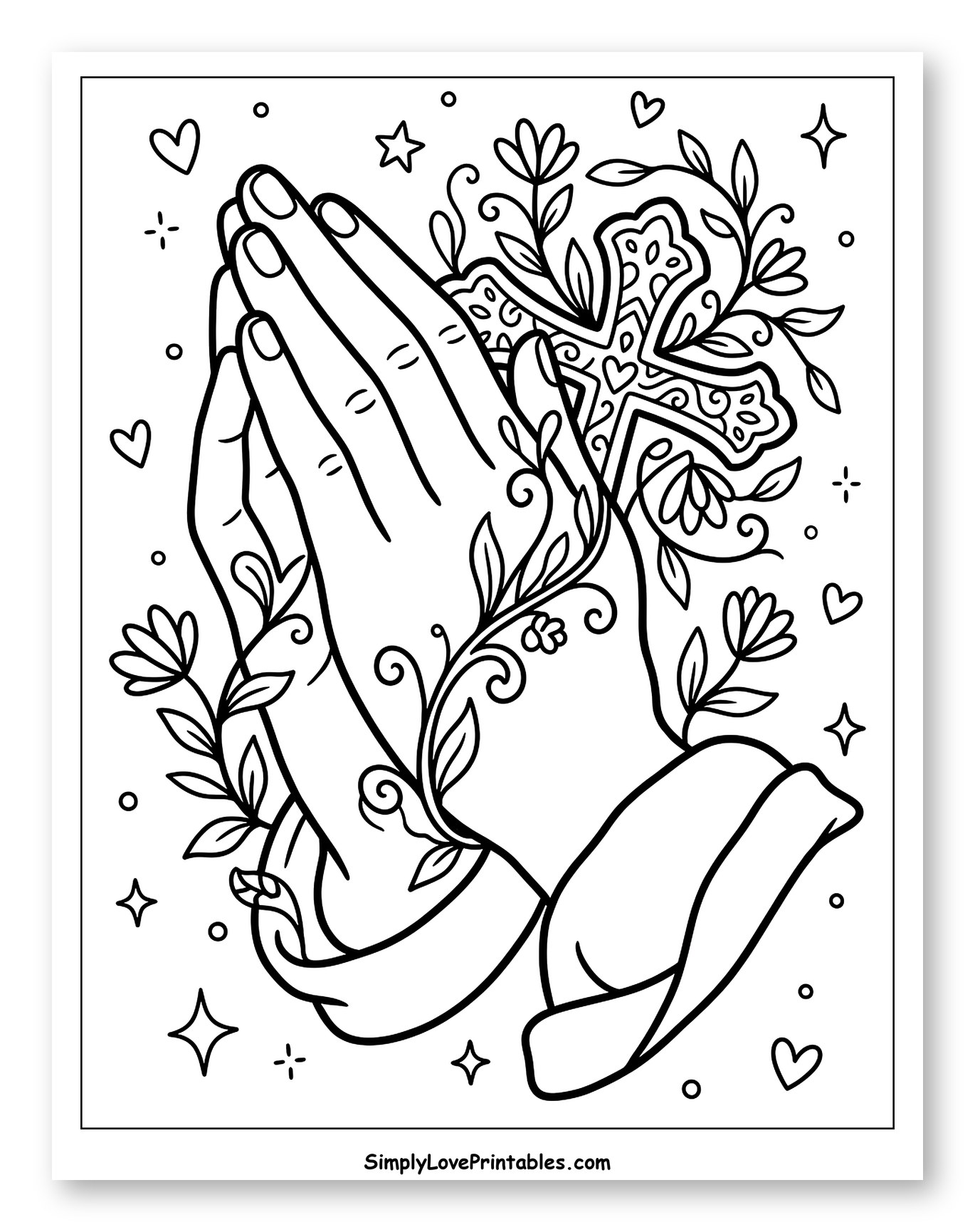 Floral Praying Hands with Decorative Cross
