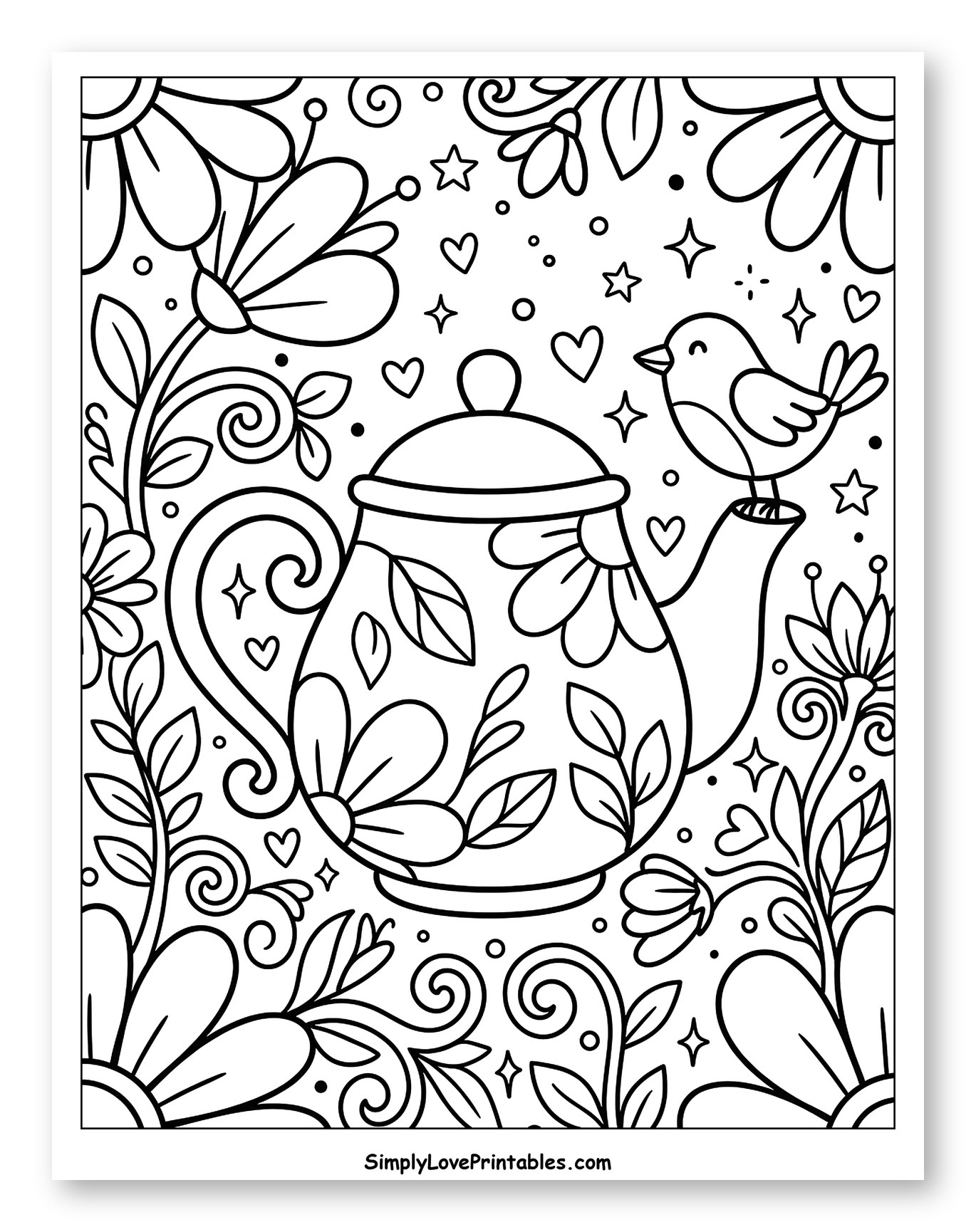 Floral Teapot with a Smiling Bird and Swirls to Color for Adults
