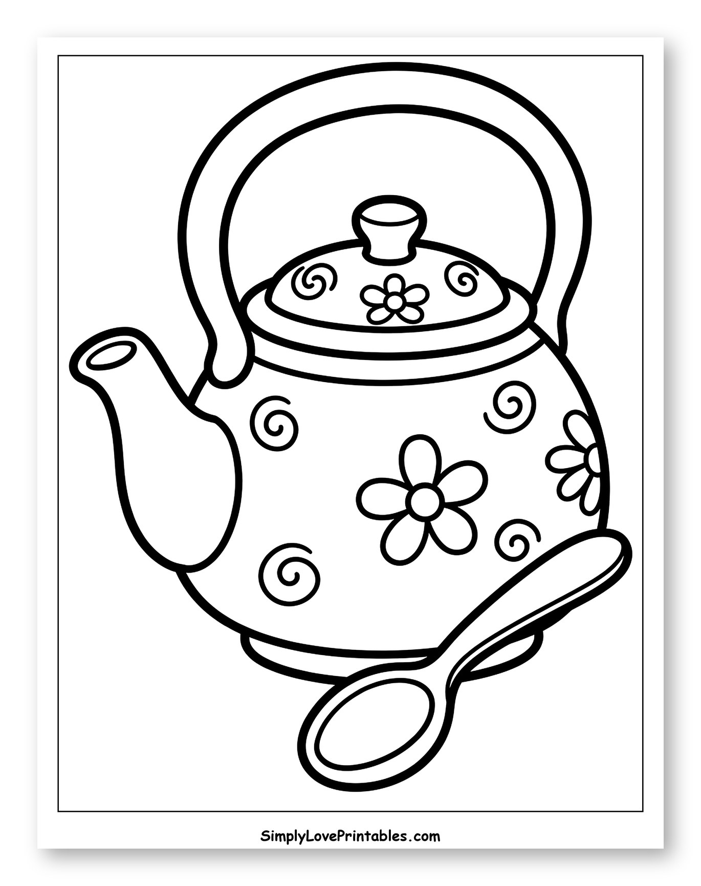 Floral Teapot with Swirls and Spoon Coloring Sheet for Toddlers