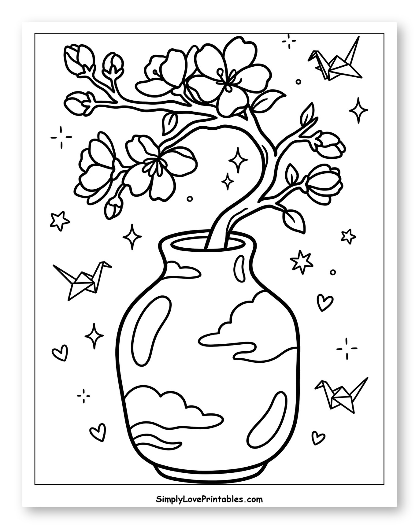 Floral Vase with Origami Cranes and Stars