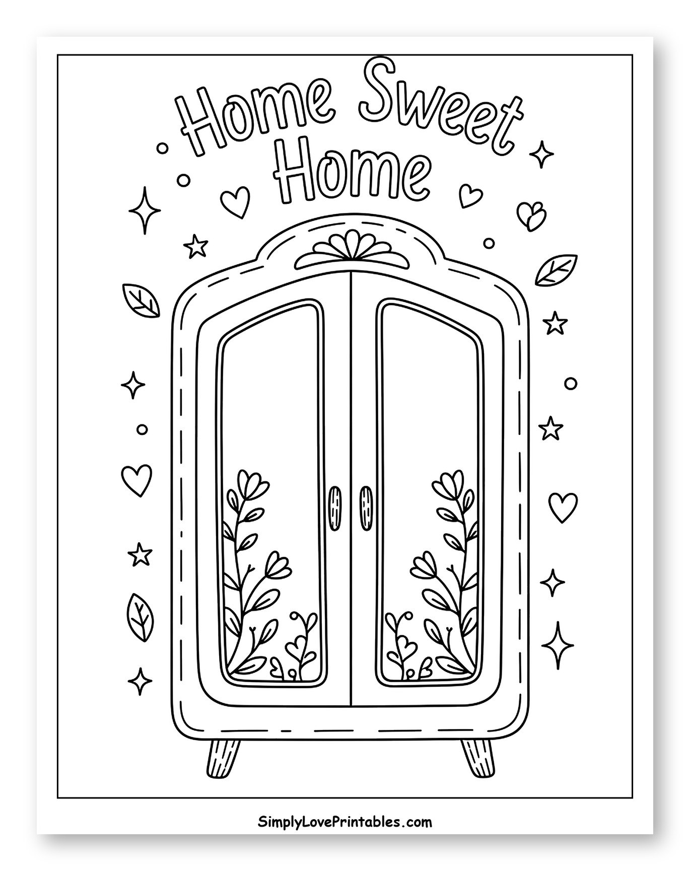 Floral Wardrobe and "Home Sweet Home" Design Coloring Sheet for Adults