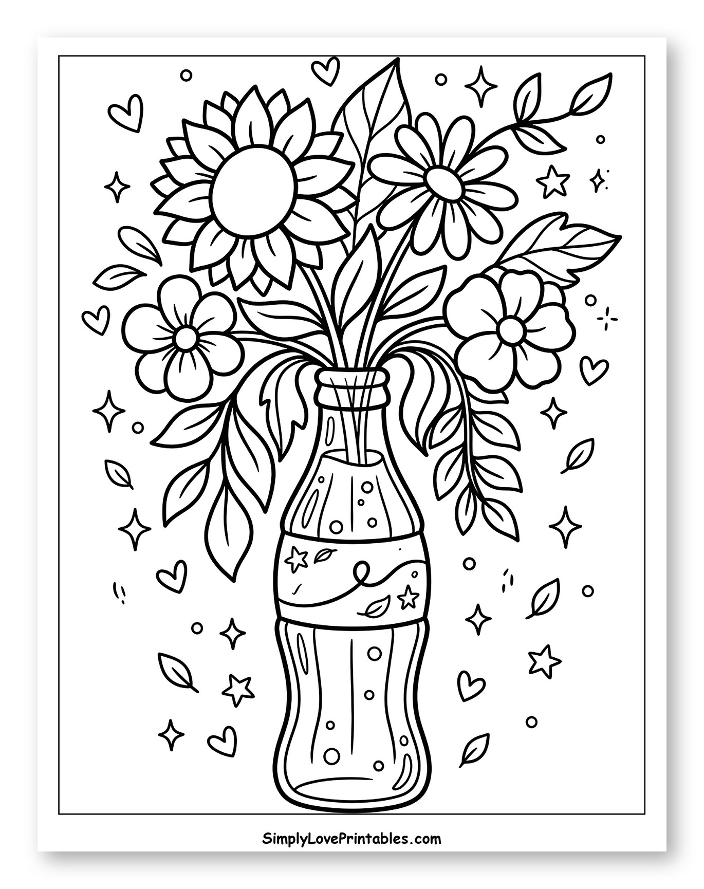 Flowers in a Coca-Cola Bottle Vase Coloring Page for Adults