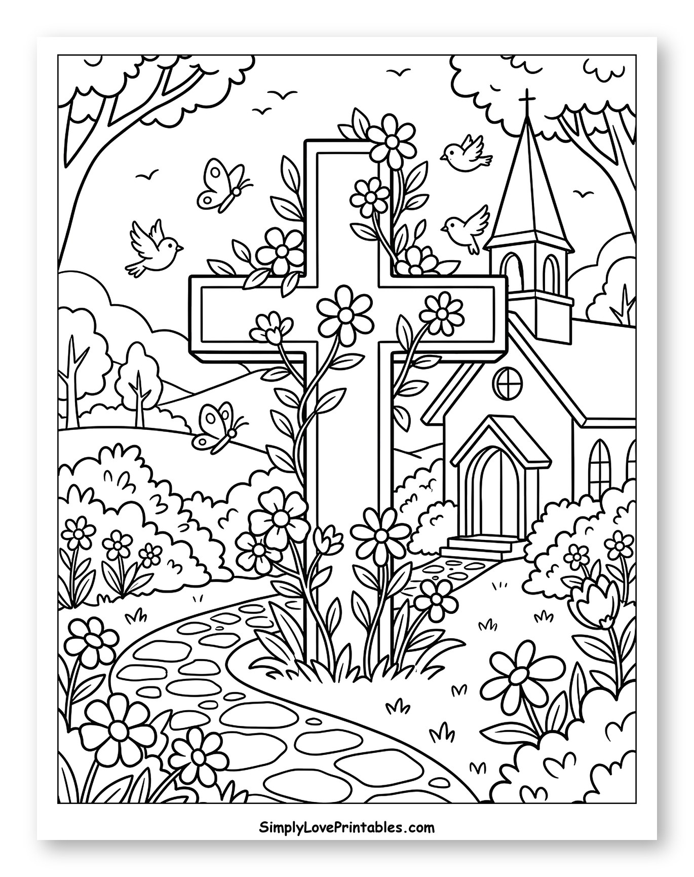 Flowery Cross, Church, and Garden Path