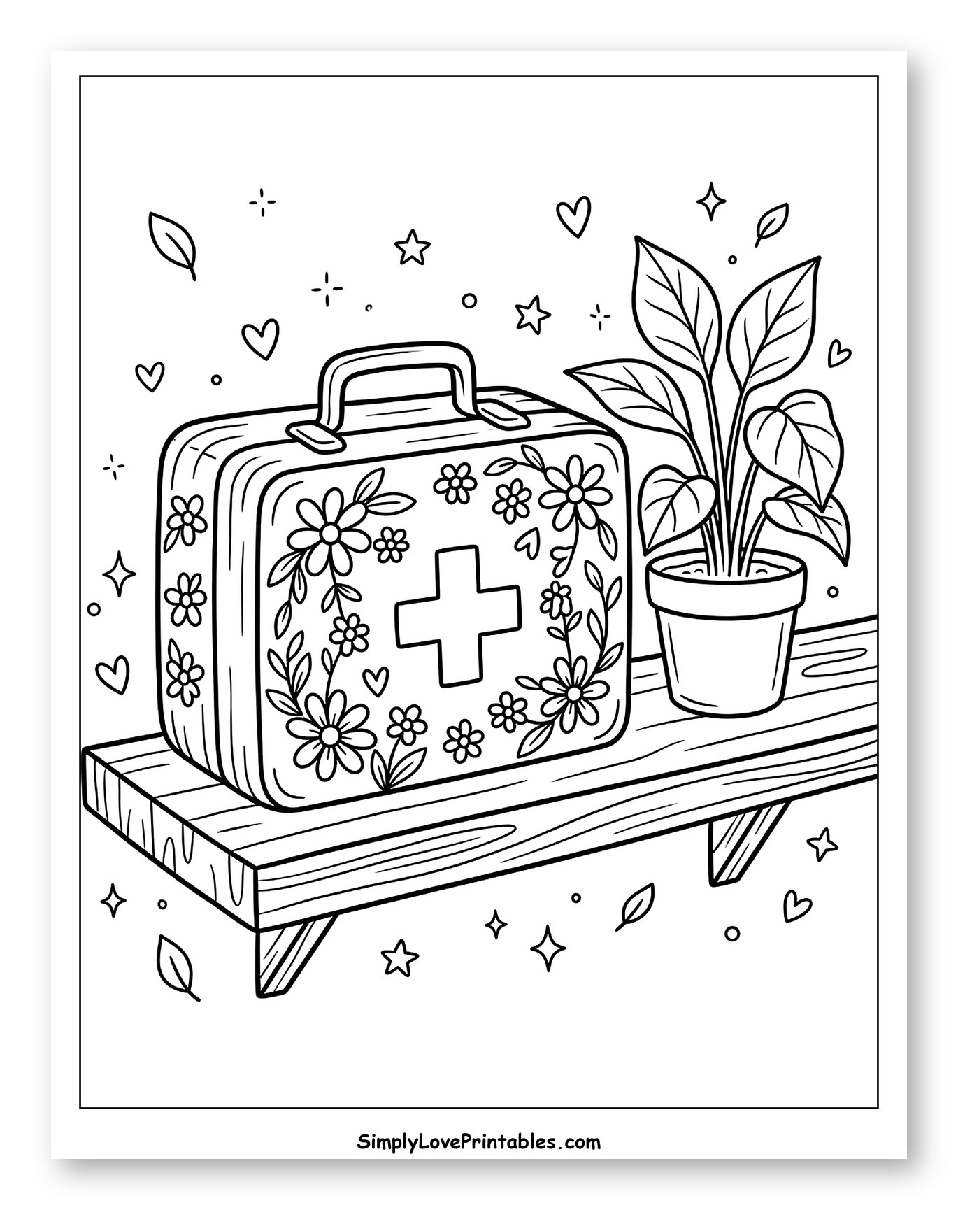 Flowery First Aid Kit and Potted Plant Coloring Sheet for Adults