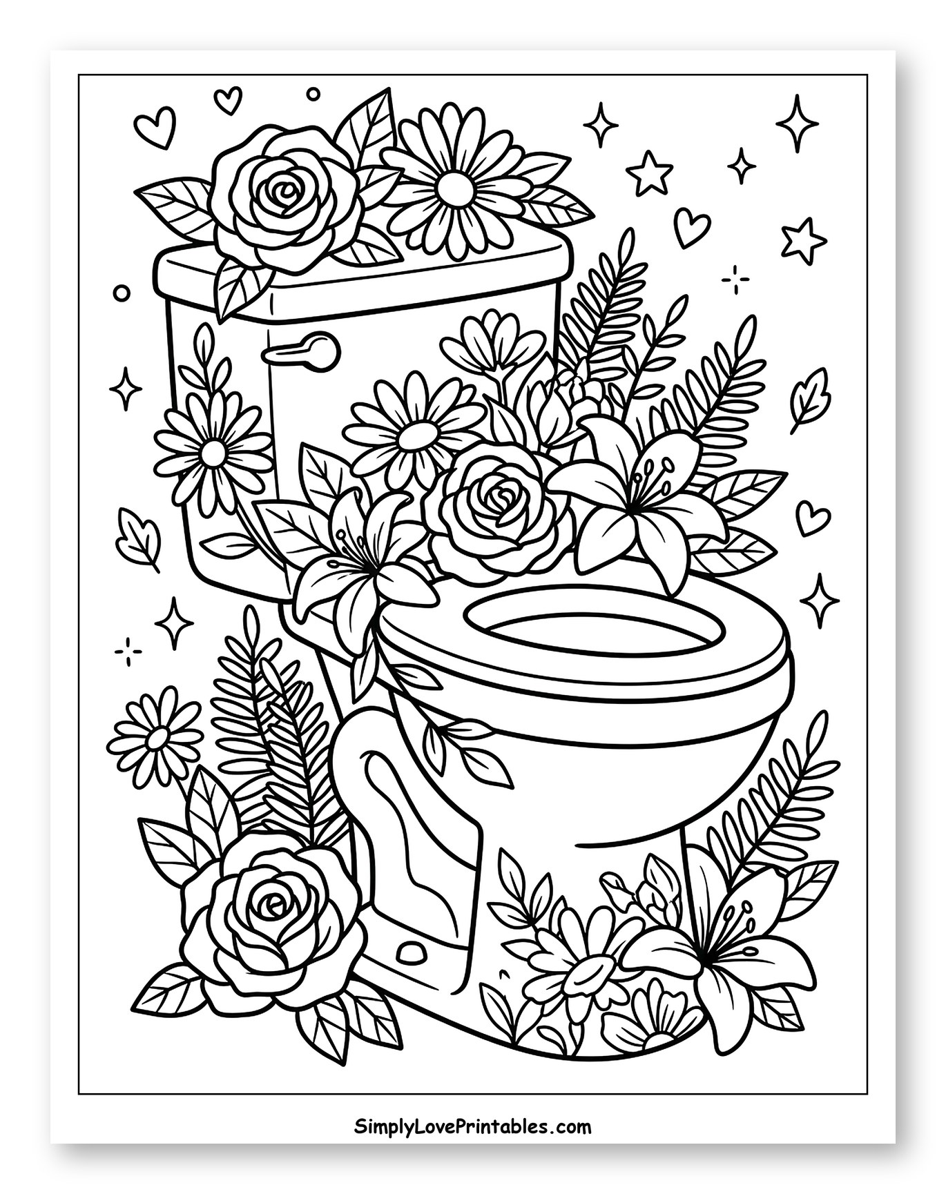 Flowery Toilet with Hearts and Stars Coloring Page for Adults