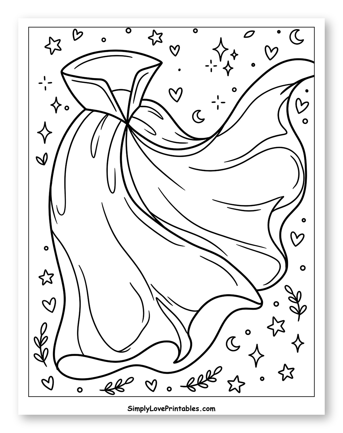 Flowing Vampire Cape with Celestial Elements Coloring Sheet for Adults