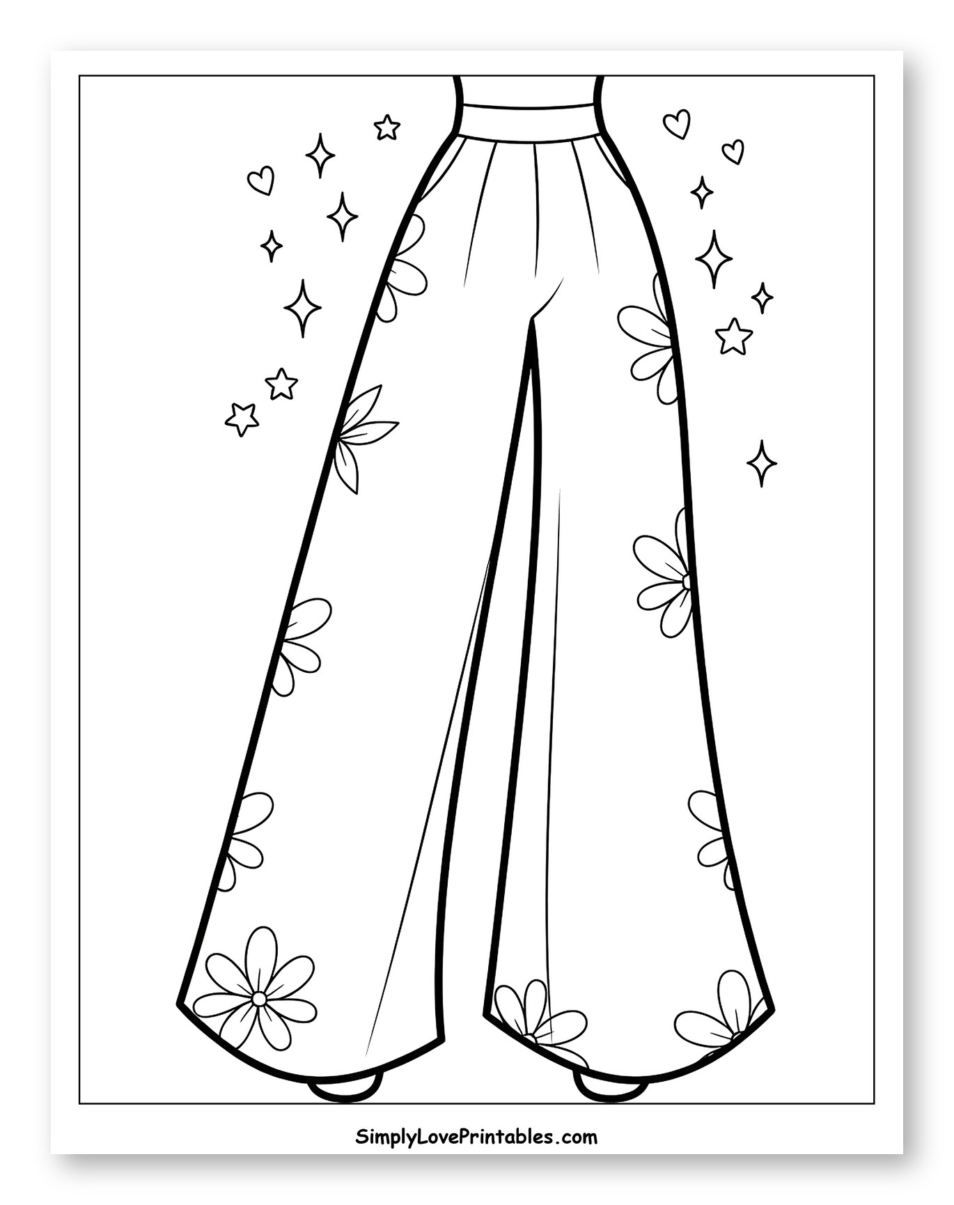 Flowy Floral Patterned Pants with Stars Coloring Sheet for Adults