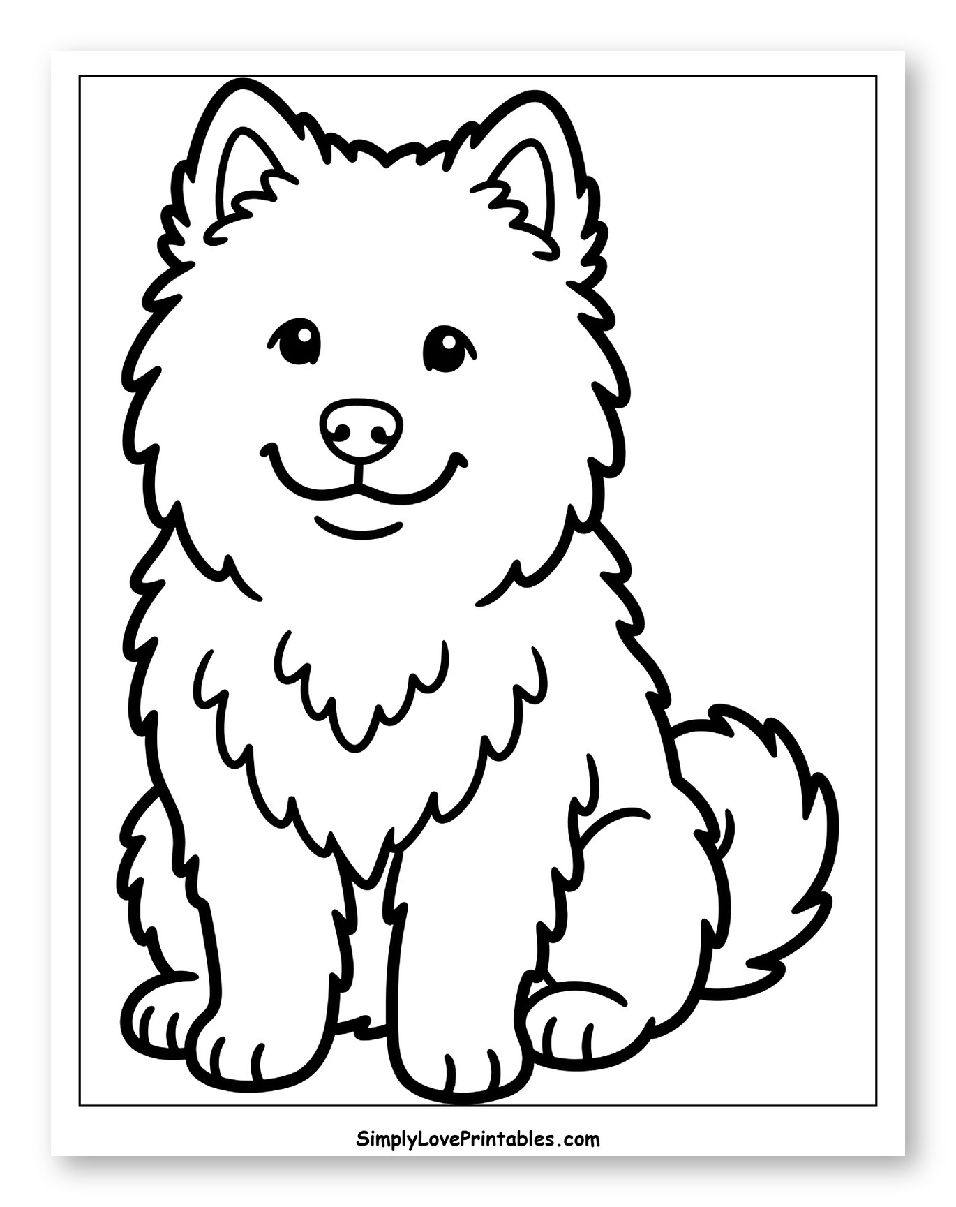 Fluffy Cartoon Dog Sitting Happily Coloring Sheet for Toddlers
