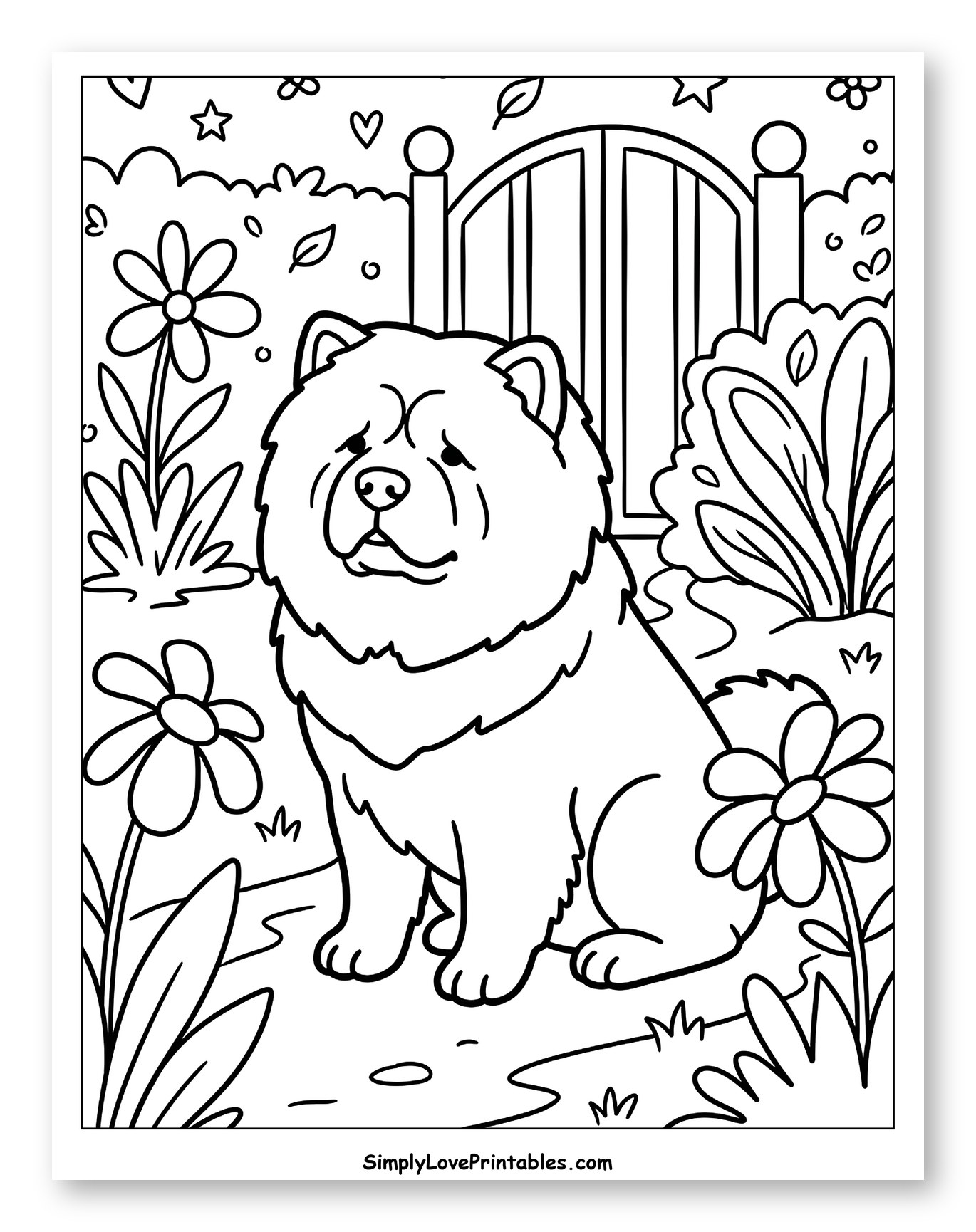 Fluffy Chow Chow Dog in a Garden Coloring Sheet for Adults