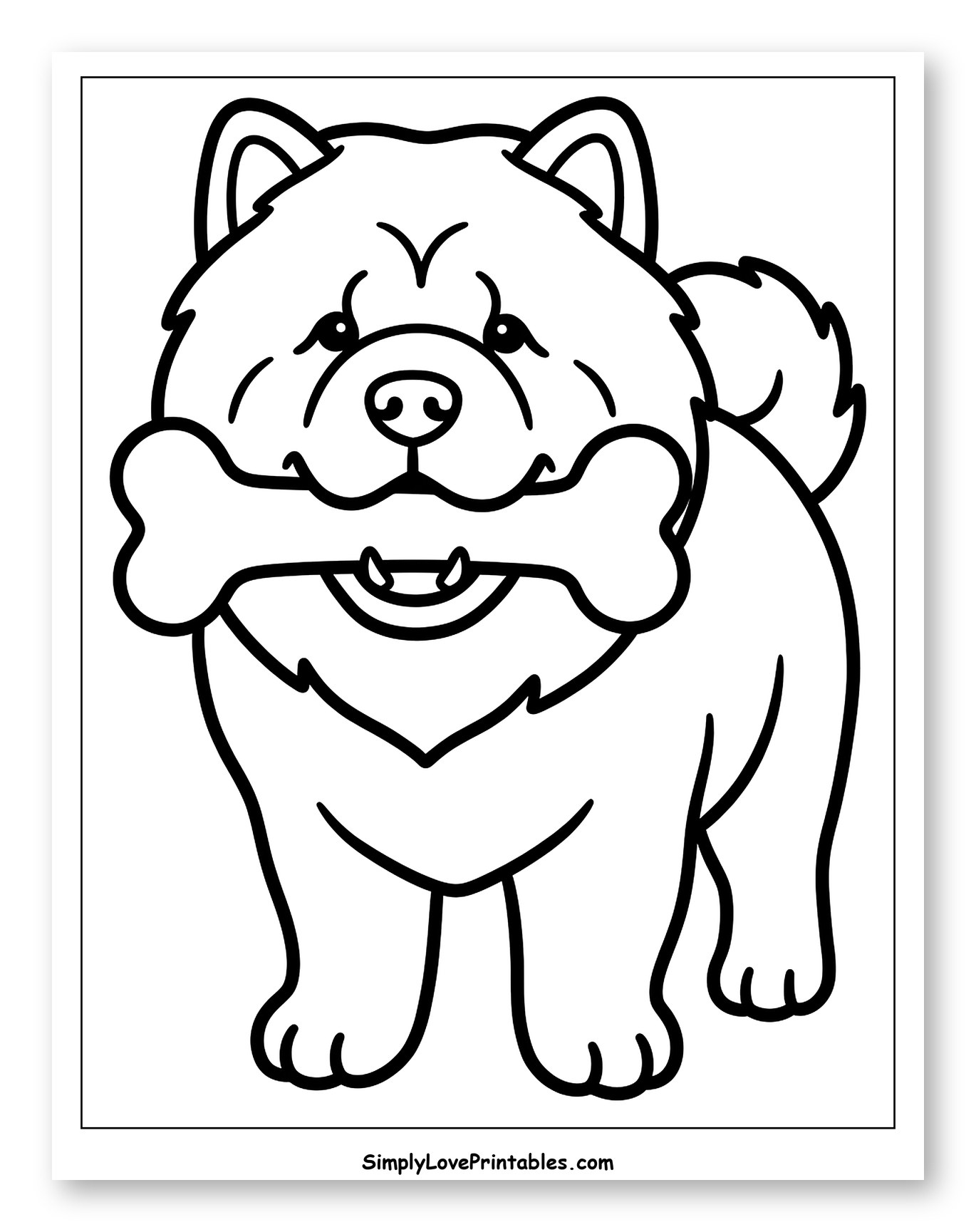Fluffy Chow Chow Dog with a Bone Coloring Page for Toddlers