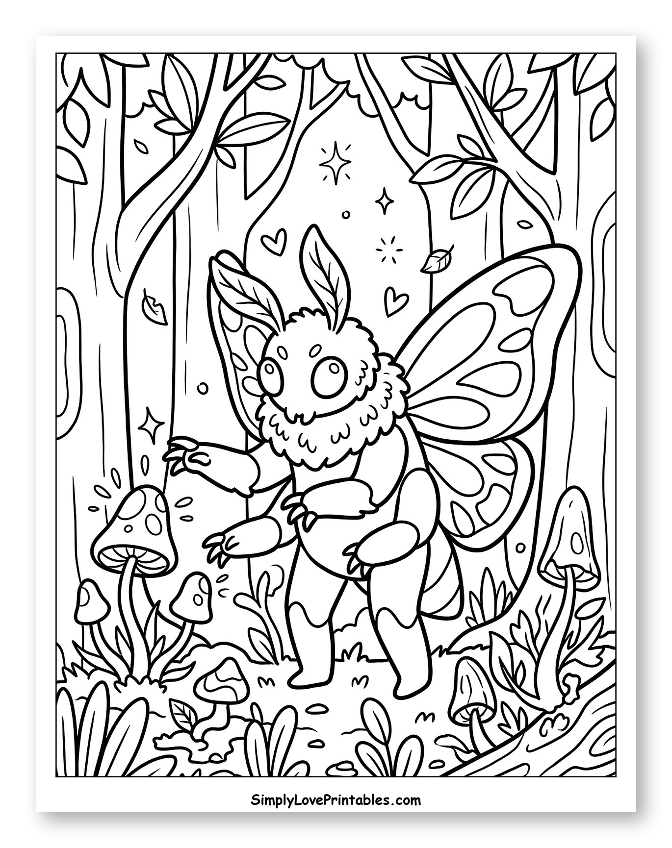 Fluffy Moth Creature in Enchanted Forest to Color for Adults
