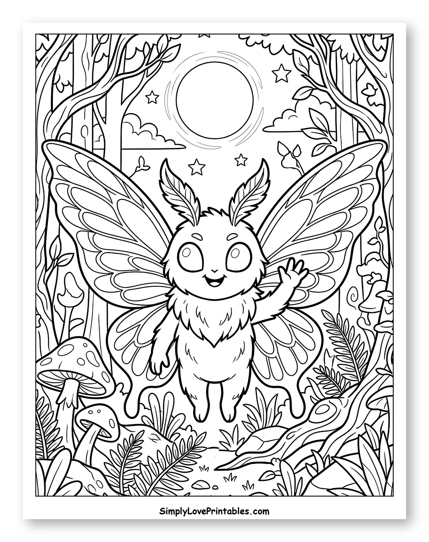 Fluffy Moth Fairy in Moonlit Woods Coloring Page for Kids