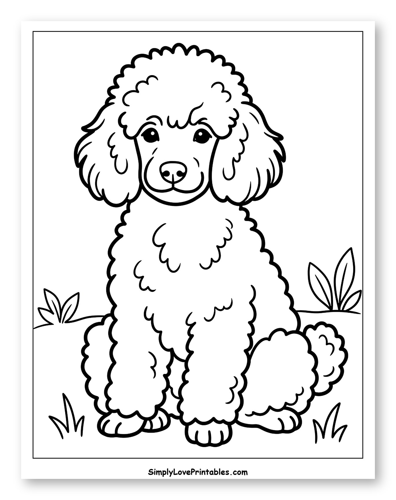 Fluffy Poodle Sitting on Grass Coloring Sheet for Toddlers