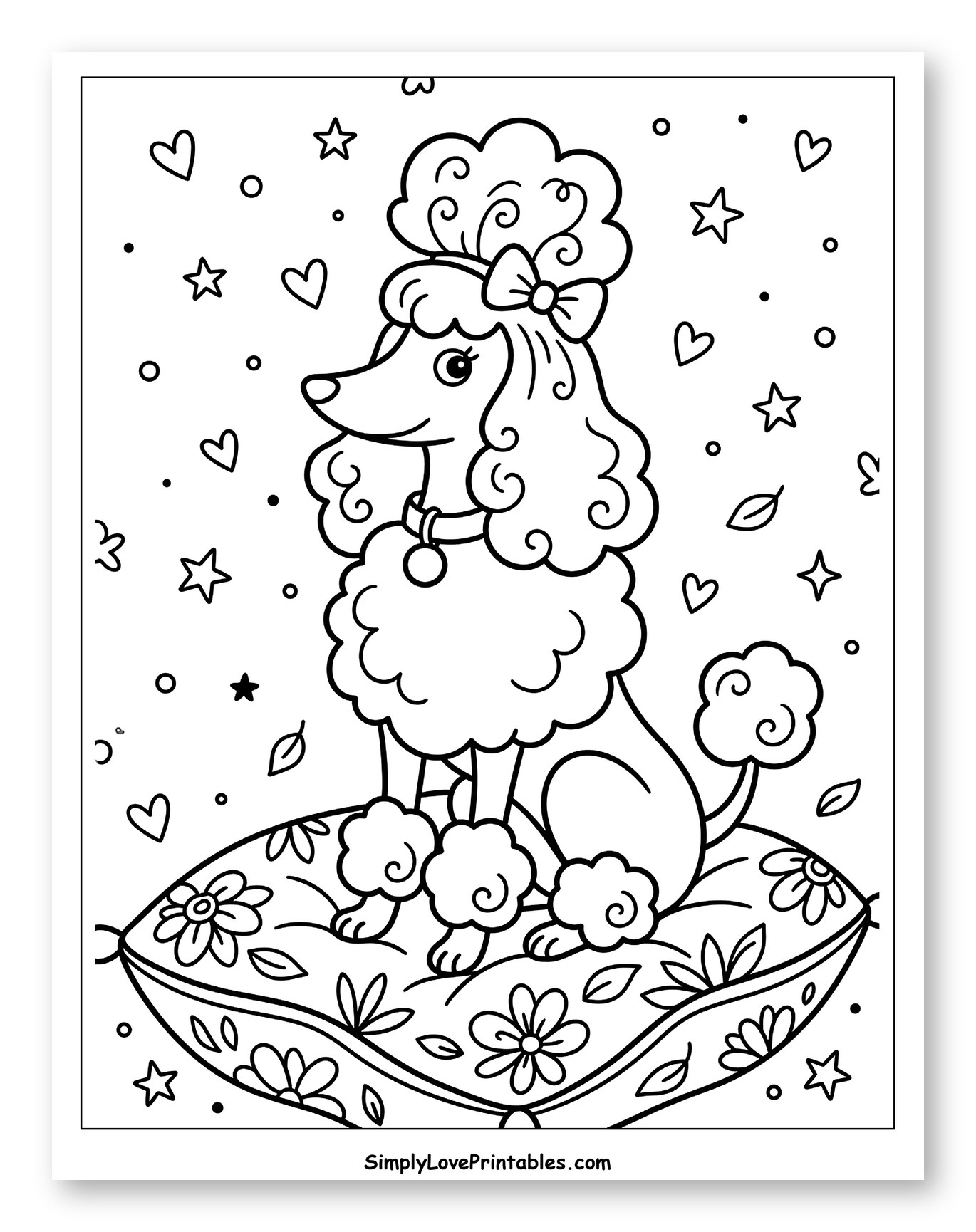 Fluffy Poodle with Bow on Decorative Pillow