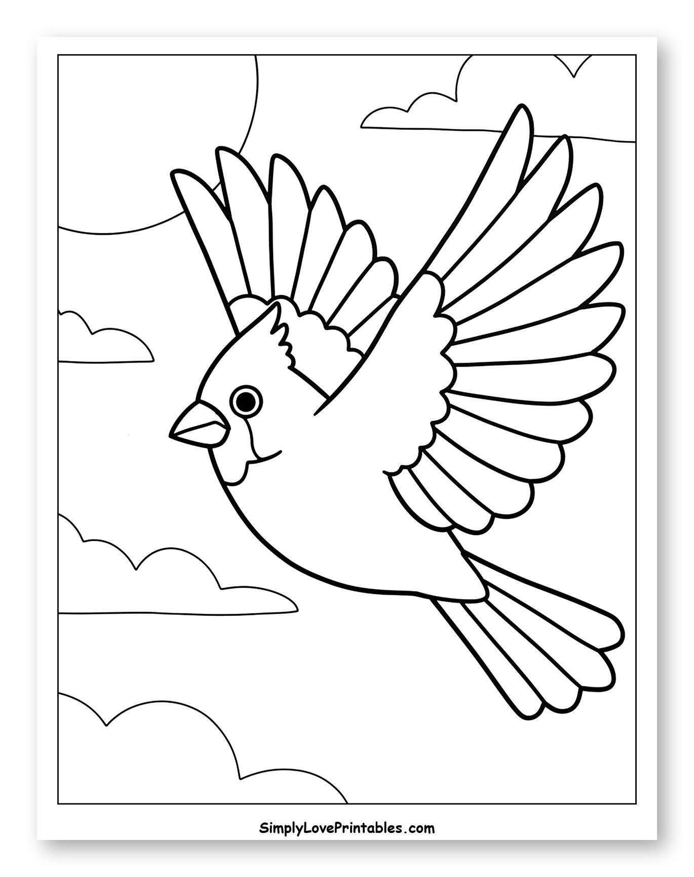 Flying Cardinal with Clouds and Sun Coloring Sheet for Toddlers