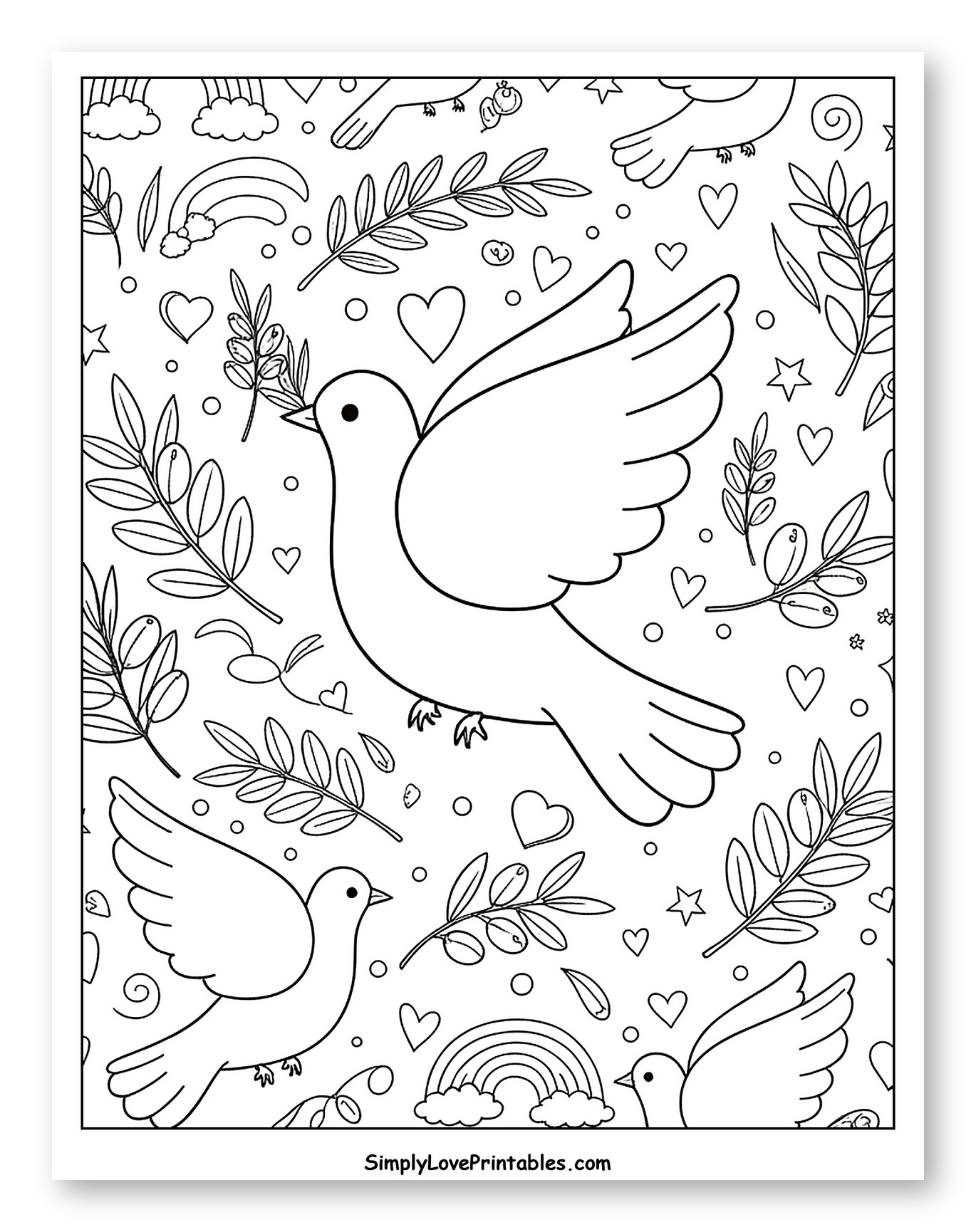 Flying Doves, Olive Branches, Hearts, and Rainbows to Color for Adults
