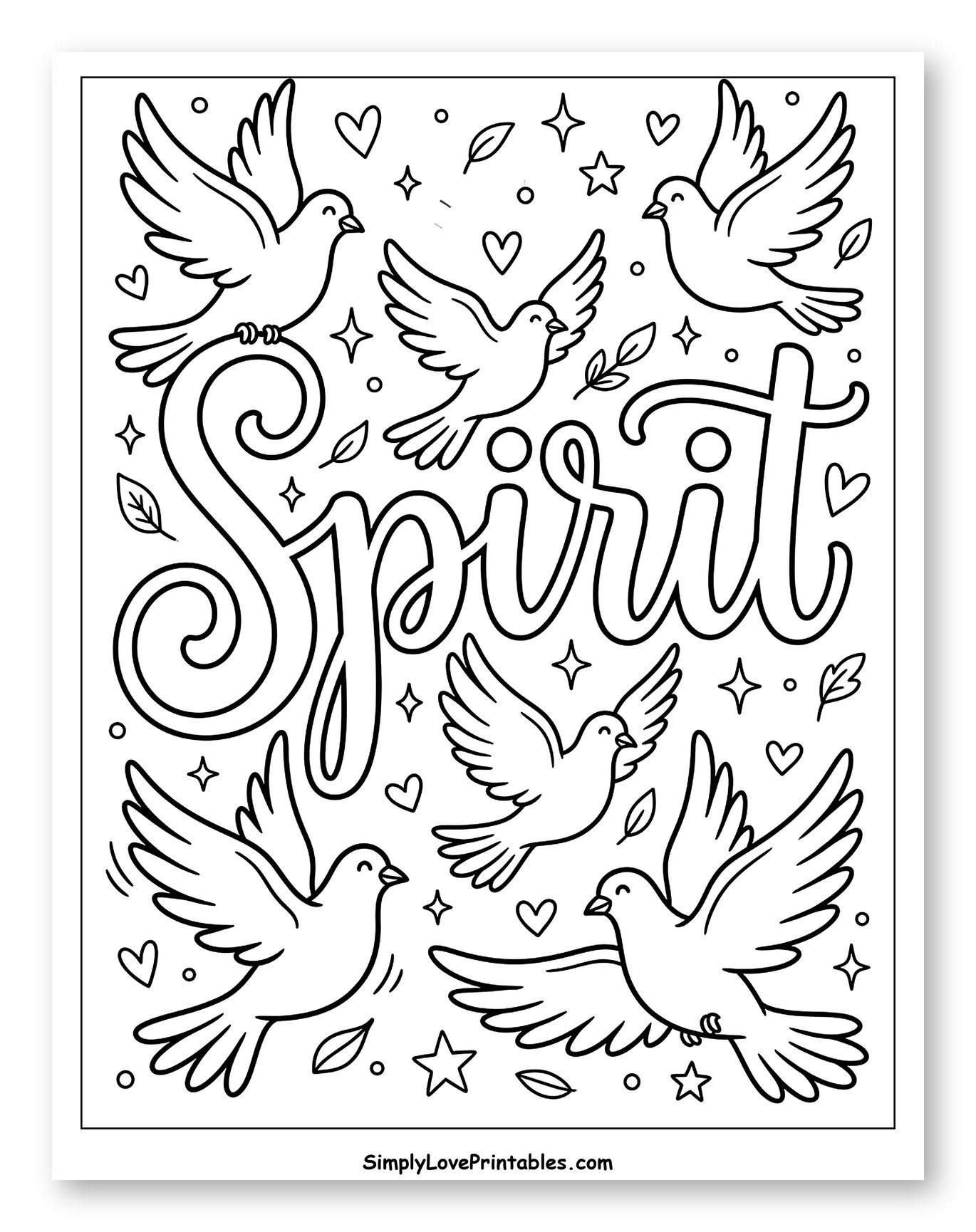 Flying Doves with Spirit and Stars Coloring Page for Adults