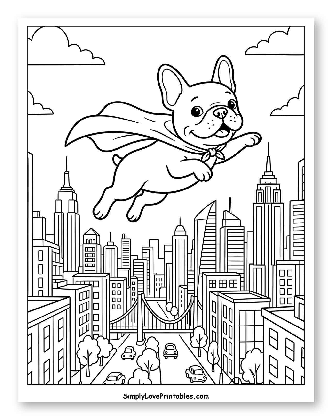 Flying French Bulldog Superhero Over City