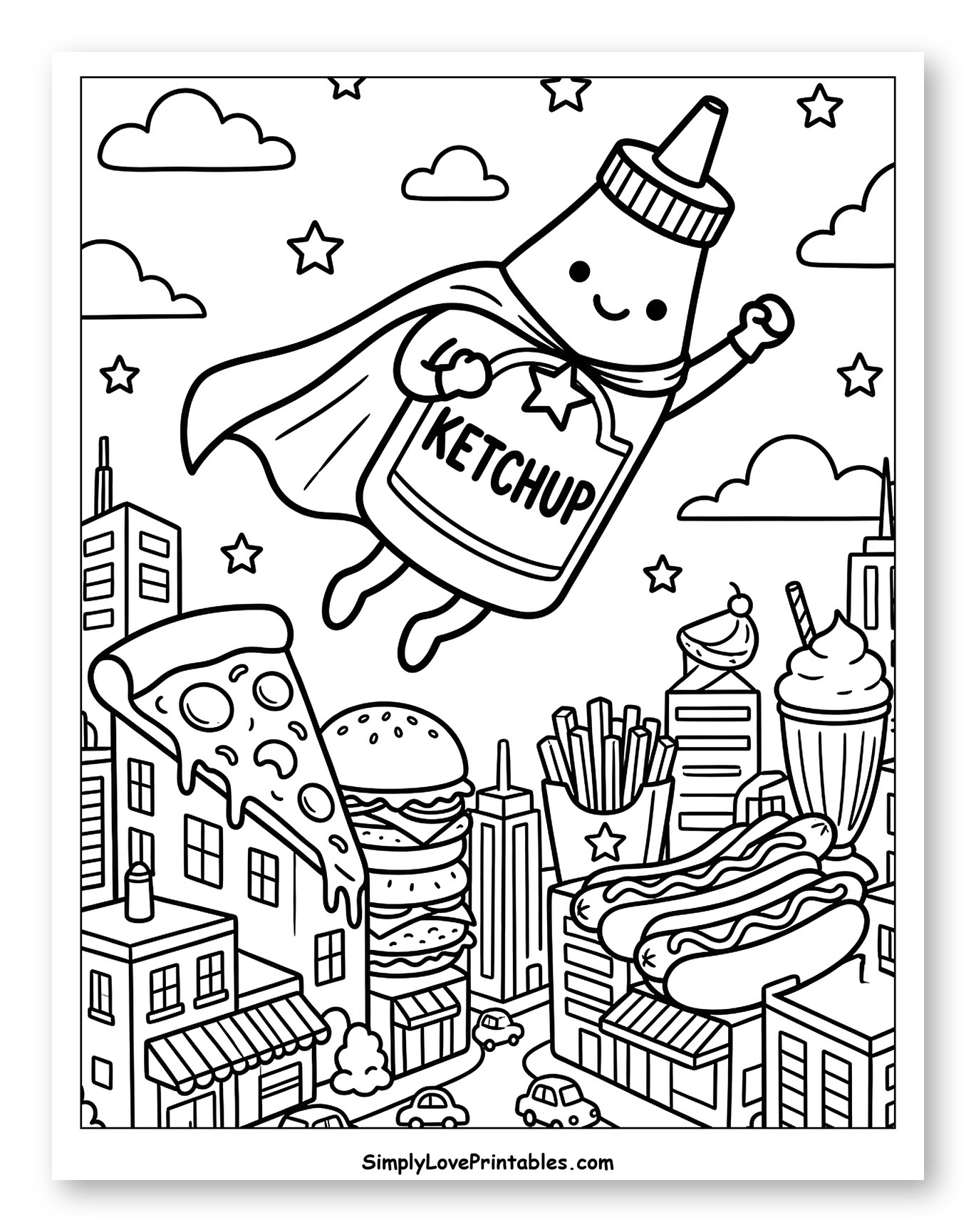 Flying Ketchup Bottle Above a Food City