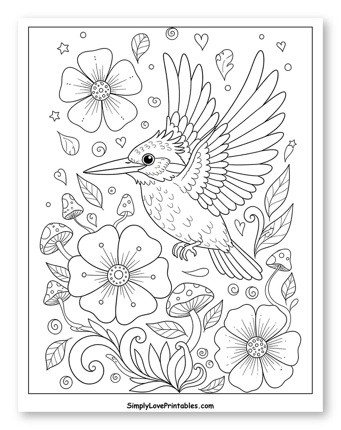 Flying Kingfisher with Flowers and Mushrooms to Color for Adults